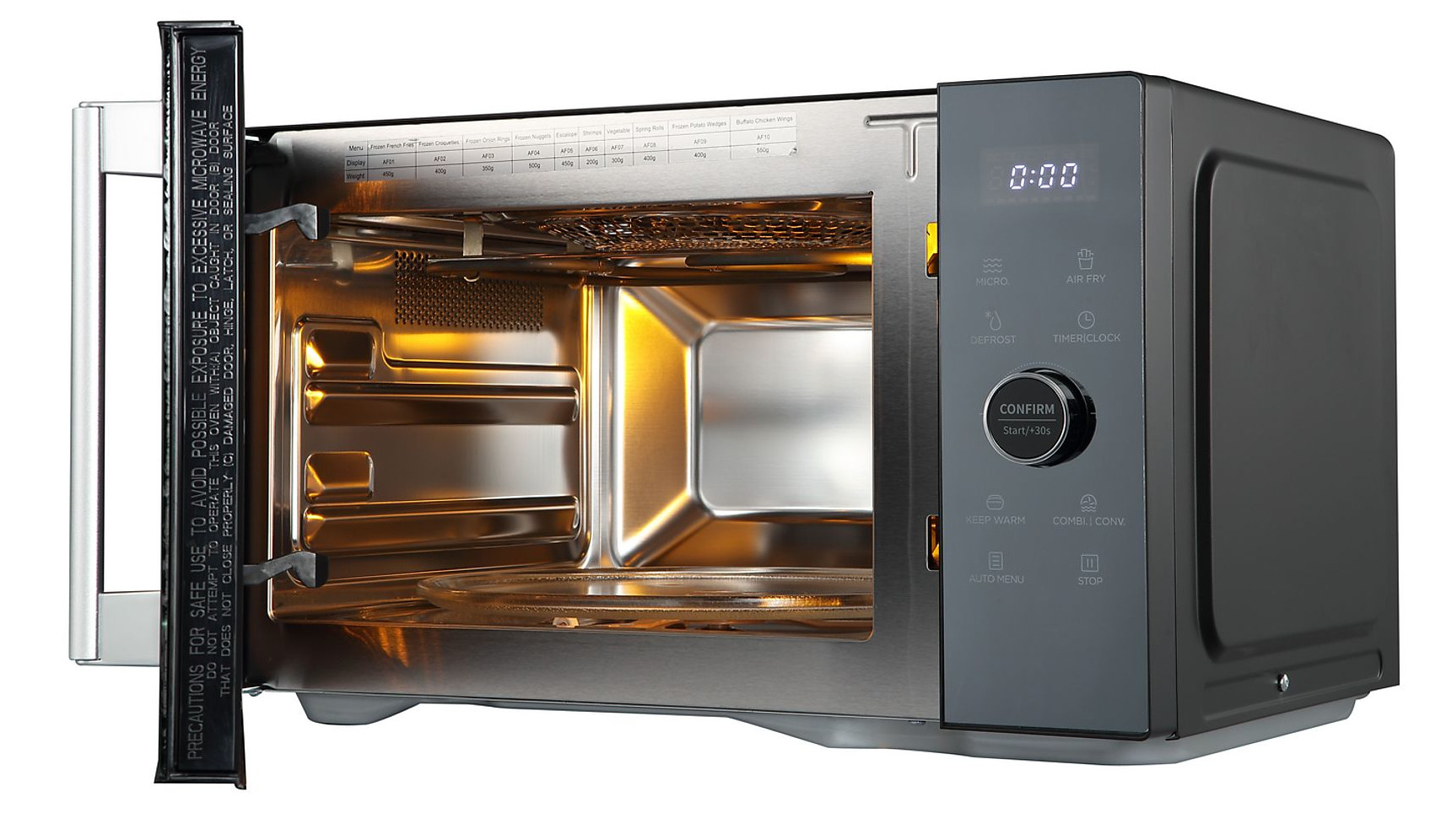 Otwarta kuchenka mikrofalowa pokazuje wnętrze ze szklanym talerzem. Panel sterowania wyświetla ustawienia. Drzwi mają ostrzeżenia dotyczące bezpieczeństwa.