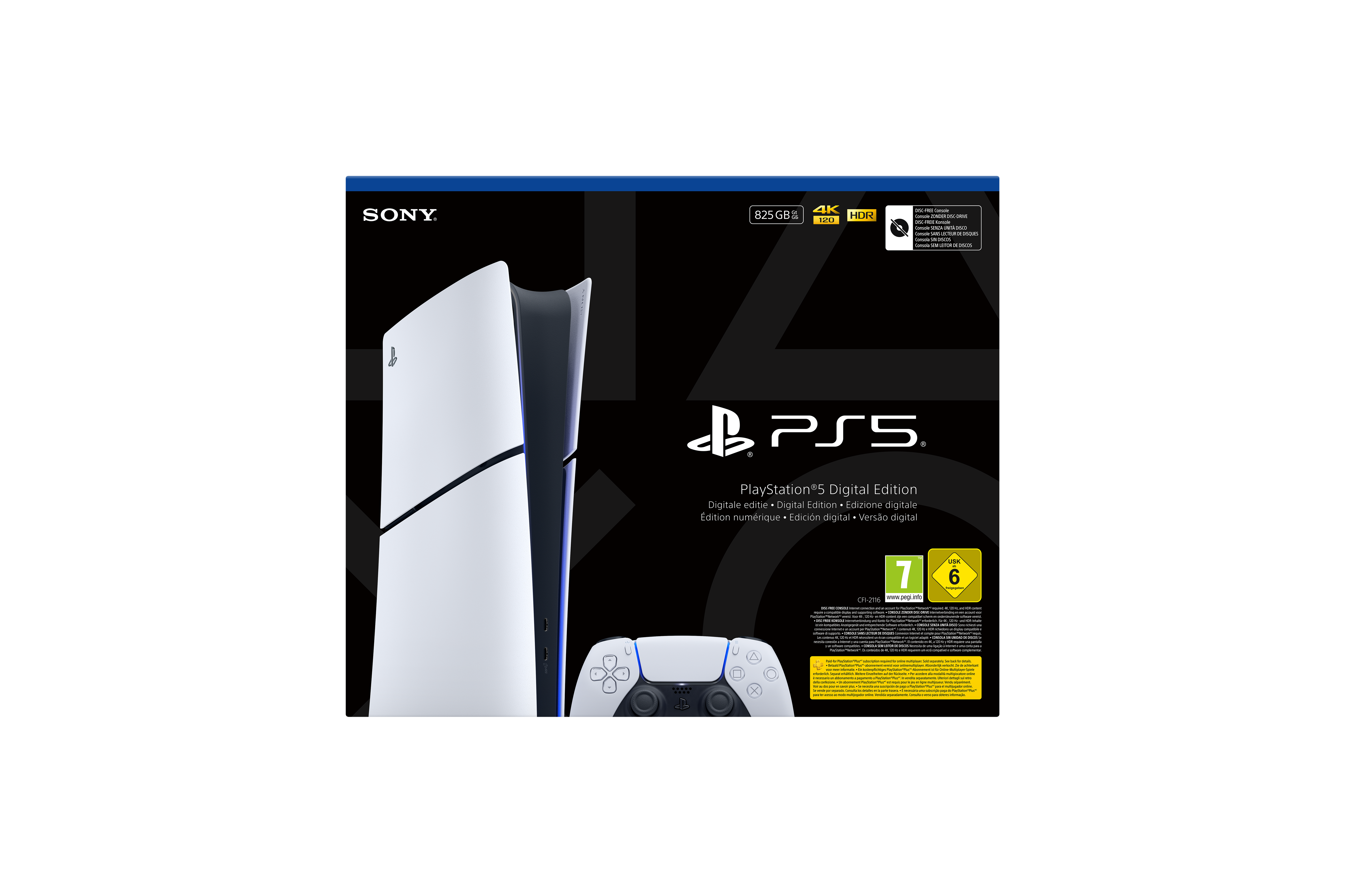 Eine weiße PlayStation 5-Konsolenbox, Konsole und Controller werden vor schwarzem Hintergrund angezeigt.