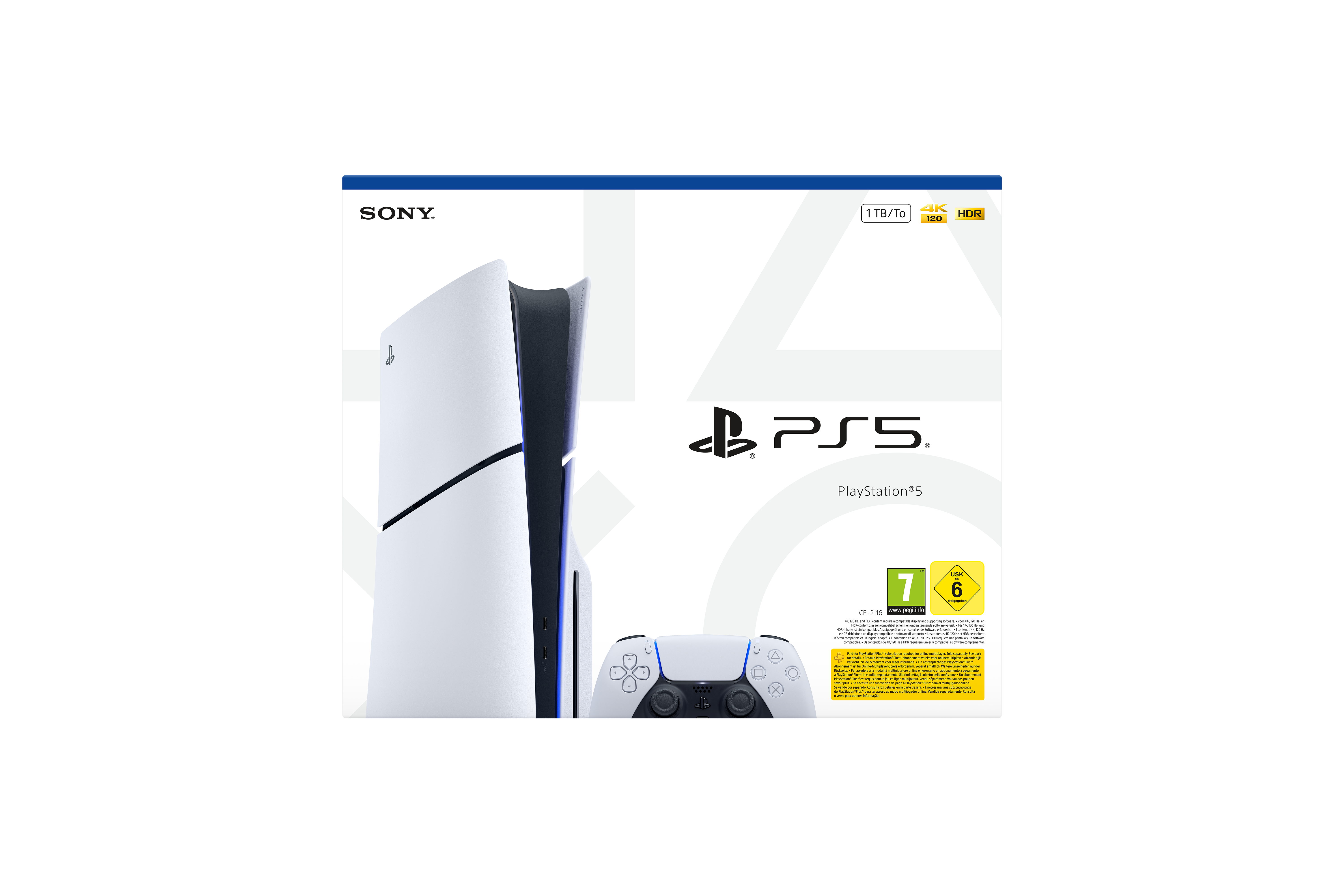 Weiße PlayStation 5 Konsole mit Controller, Box zeigt Logos. Hintergrund ist weiß.