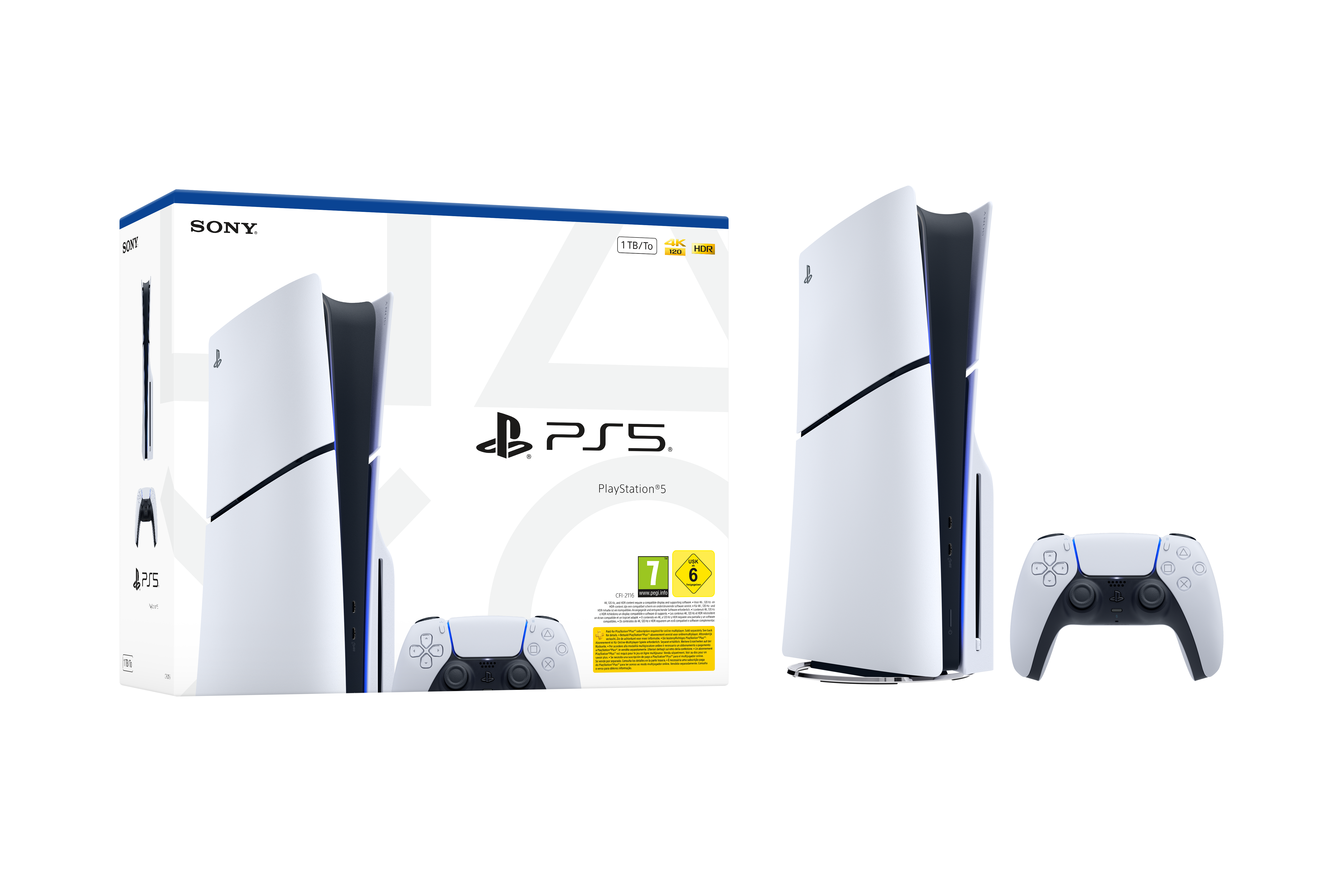 Eine Playstation 5 Konsole, Box und Controller. Weißes und schwarzes Design. Der Hintergrund ist schwarz.