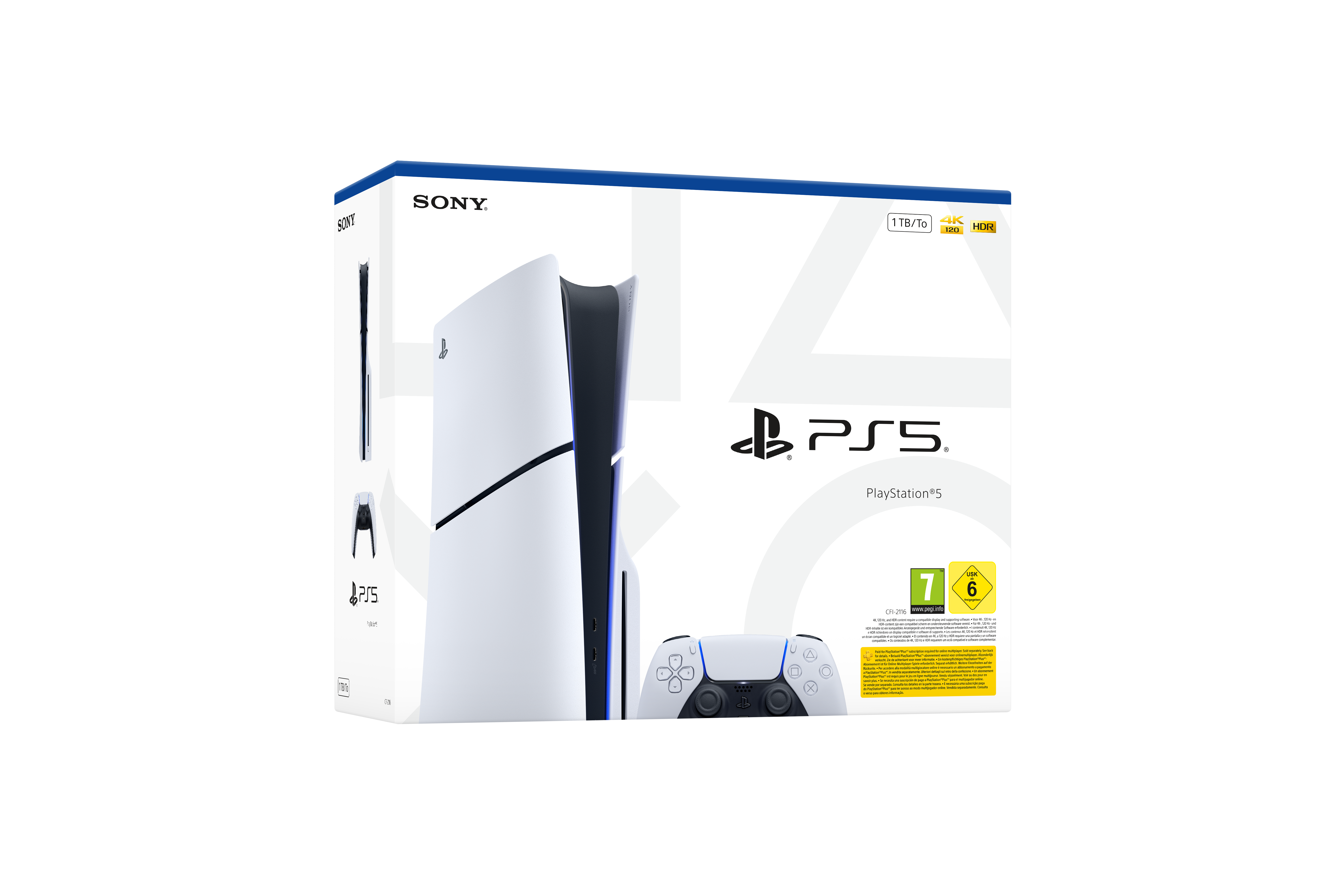 Eine PlayStation 5-Box. Sie zeigt die Konsole, einen Controller und das PS5-Logo. Weiße Box mit schwarzen und blauen Akzenten.