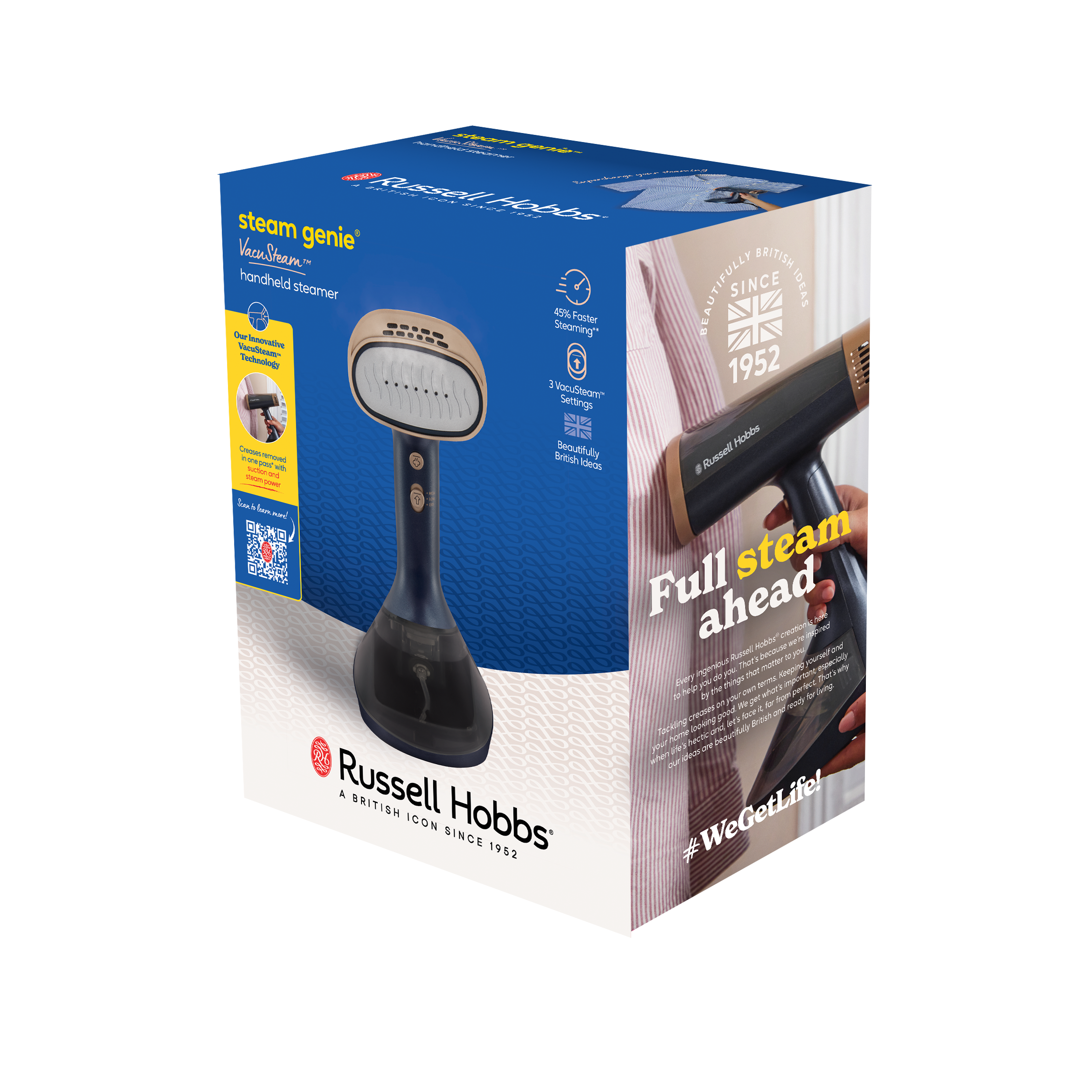 Eine Schachtel mit einem tragbaren Dampfgarer, dem Russell Hobbs Steam Genie. Er ist blau und goldfarben, mit Text und einem QR-Code.