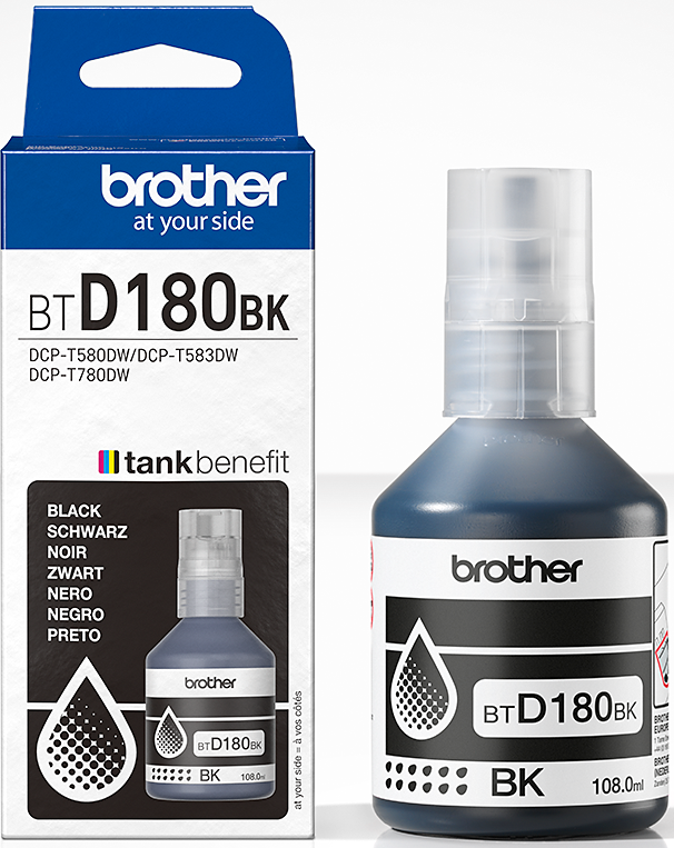 Eine Brother-Tintenflasche und -Box. Die Flasche ist schwarze Tinte, beschriftet mit BT D180 BK. Die Box zeigt Druckermodelle und Farbauswahl.