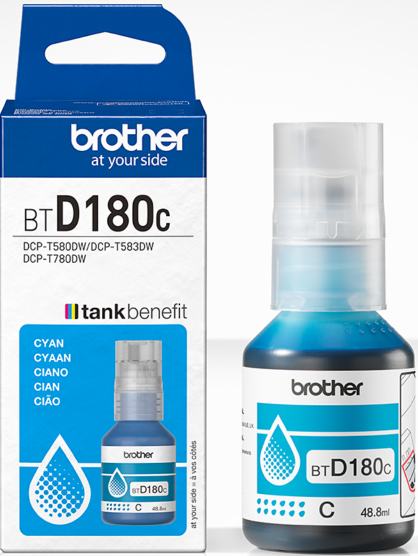 L'image montre une bouteille et une boîte d'encre bleue Brother. La boîte contient la marque et les détails du produit. La bouteille contient de l'encre bleue.