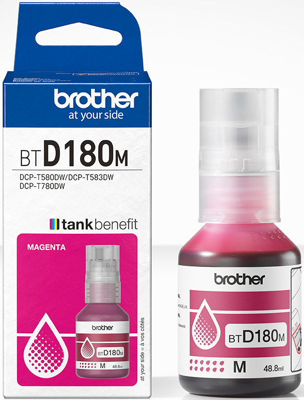 Magentafarbene Tintenflasche und -box. Die Box hat das Brother-Logo, die Flasche ist mit BTD180M beschriftet. Die Tinte ist pink.