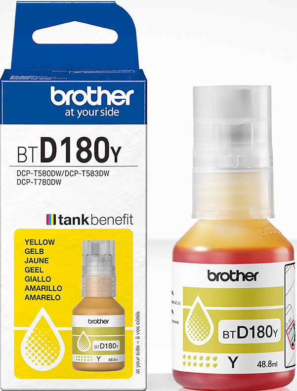 Das Bild zeigt eine Brother-Tintenflasche und ihren Karton. Die Flasche enthält gelbe Tinte mit einem transparenten Deckel, und der Karton hat Text in verschiedenen Sprachen.