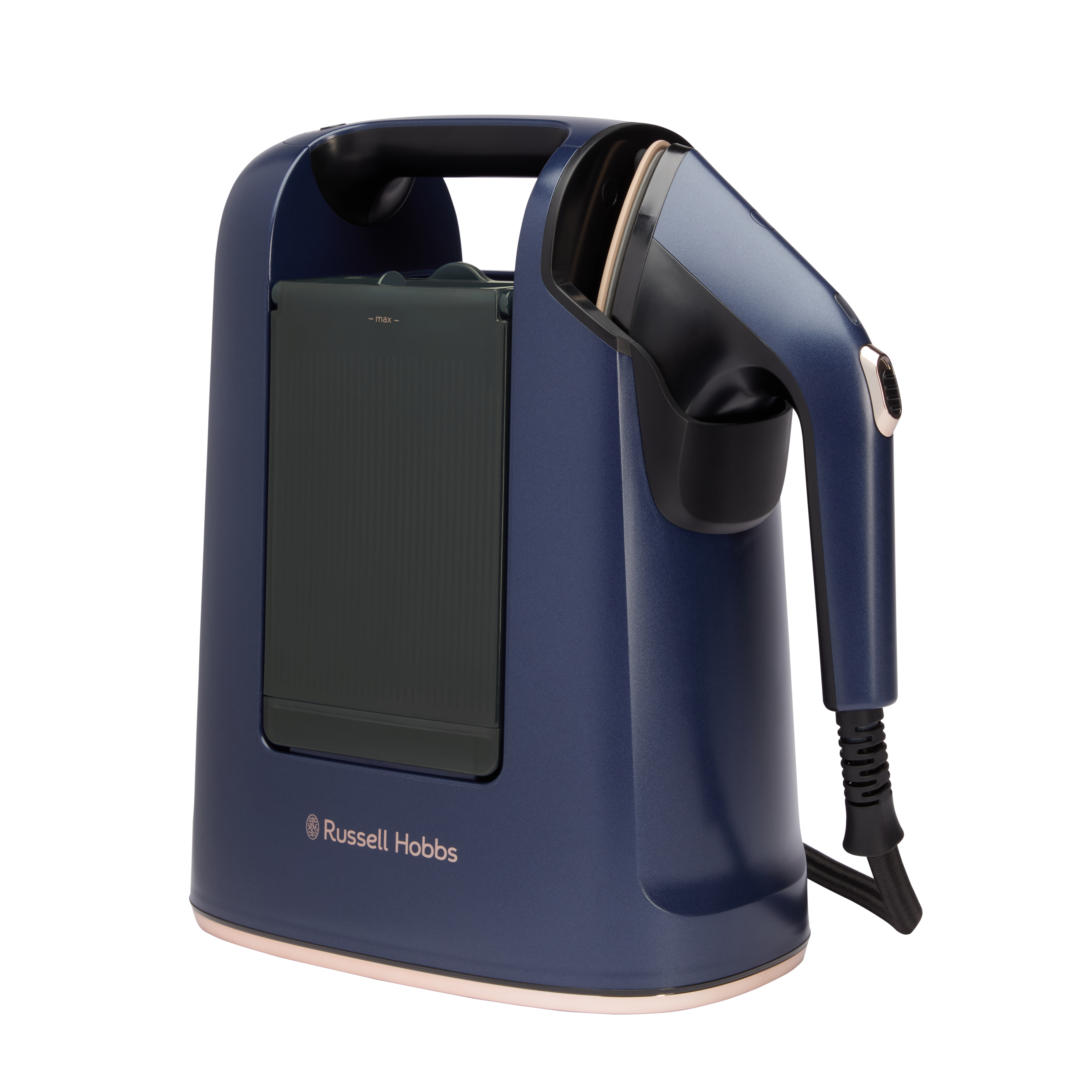 Ein blauer und goldener Russell Hobbs Dampfer. Er hat einen Griff, einen Wasserbehälter und eine Düse.