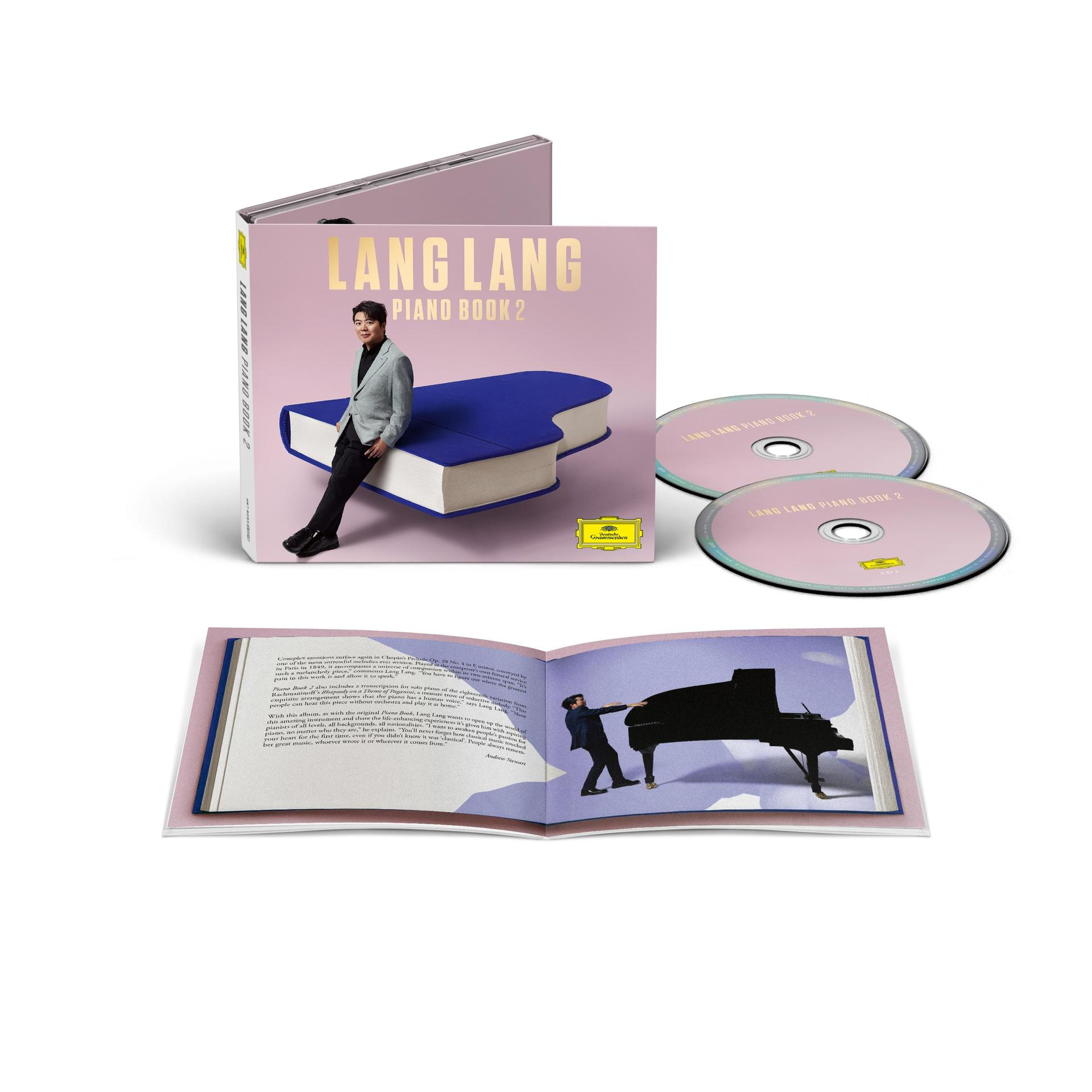 Albumcover mit Lang Lang, einem Klavier und CDs. Auf dem Cover steht 'Lang Lang Piano Book 2'.