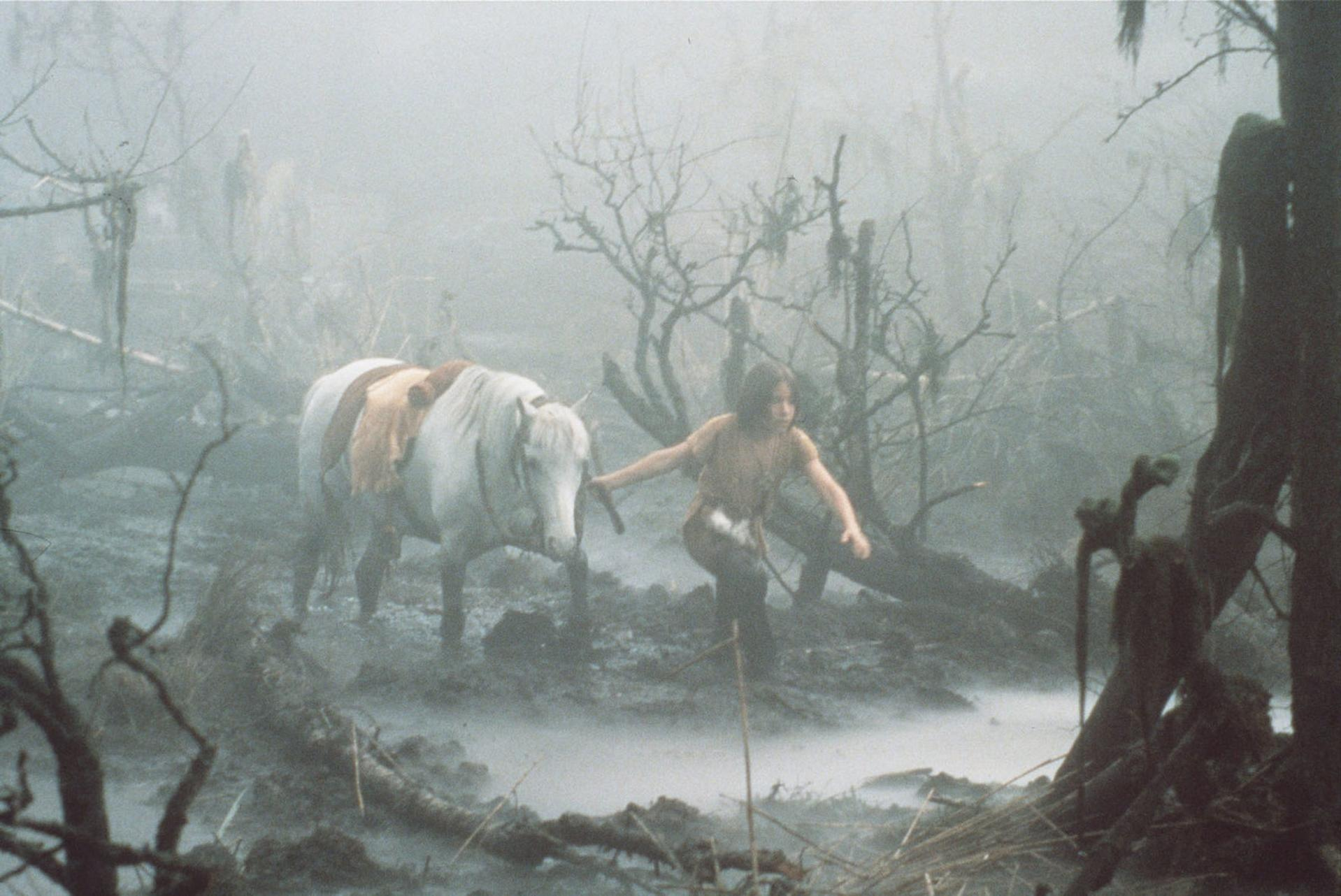 Eine Person führt ein weißes Pferd durch einen nebligen, schlammigen Wald. Kahle Bäume und dunkle Stämme rahmen die Szene ein.