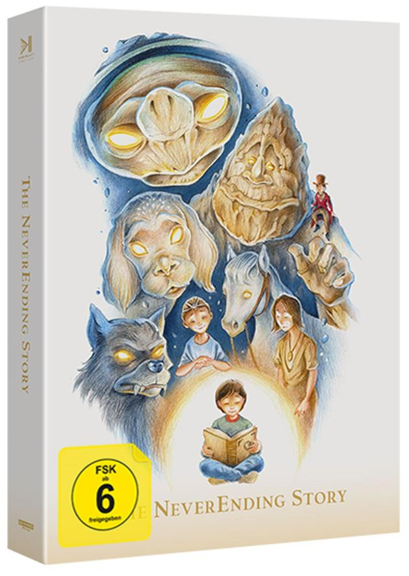 Cover-Art für 'Die unendliche Geschichte' DVD. Fantasy-Kreaturen umgeben Kinder. Ein Kind liest in der Mitte ein Buch.