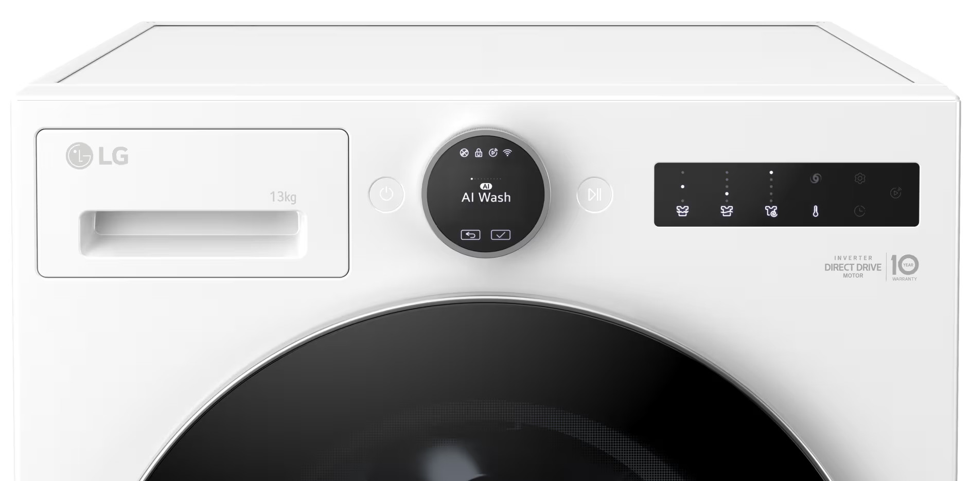 Biała pralka LG z czarnymi drzwiami. Posiada panel sterowania z przyciskami i wyświetlaczem cyfrowym. Maszyna jest oznaczona 'AI Wash'.