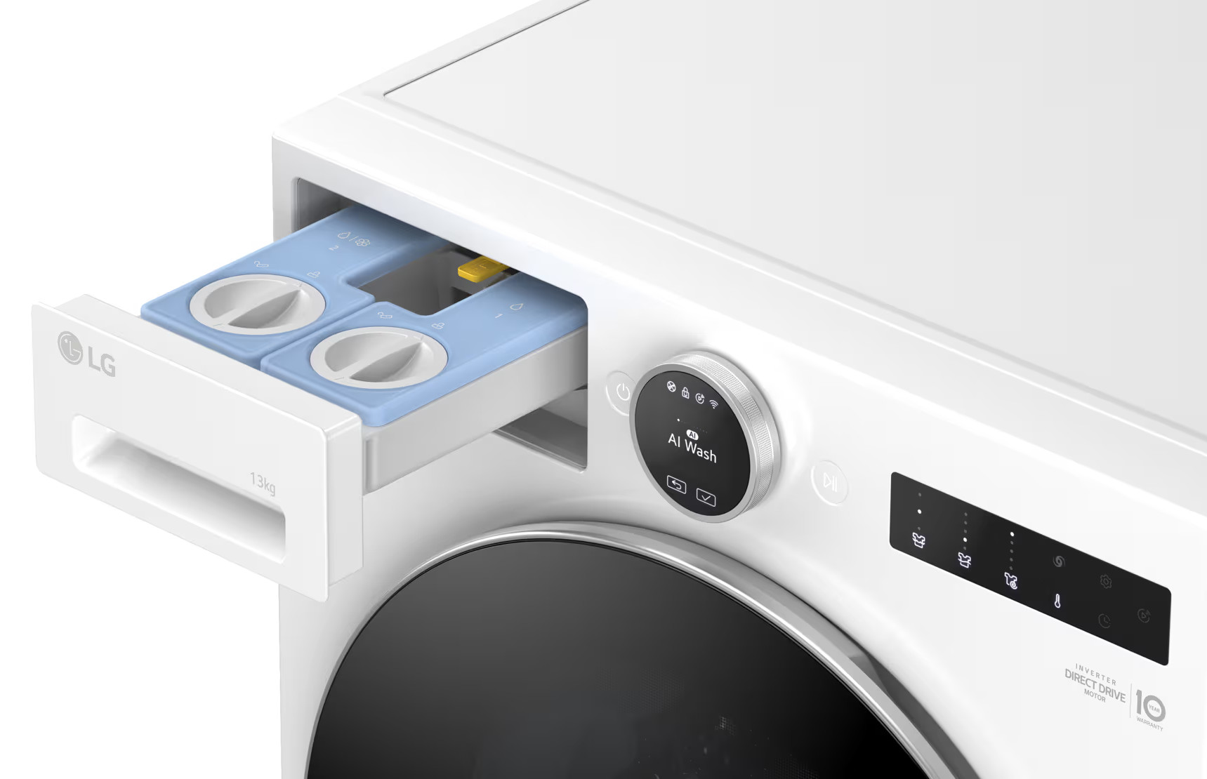 Biała pralka LG z niebieską szufladą na detergent. Panel sterowania pokazuje 'AI Wash'. Bęben jest czarny.