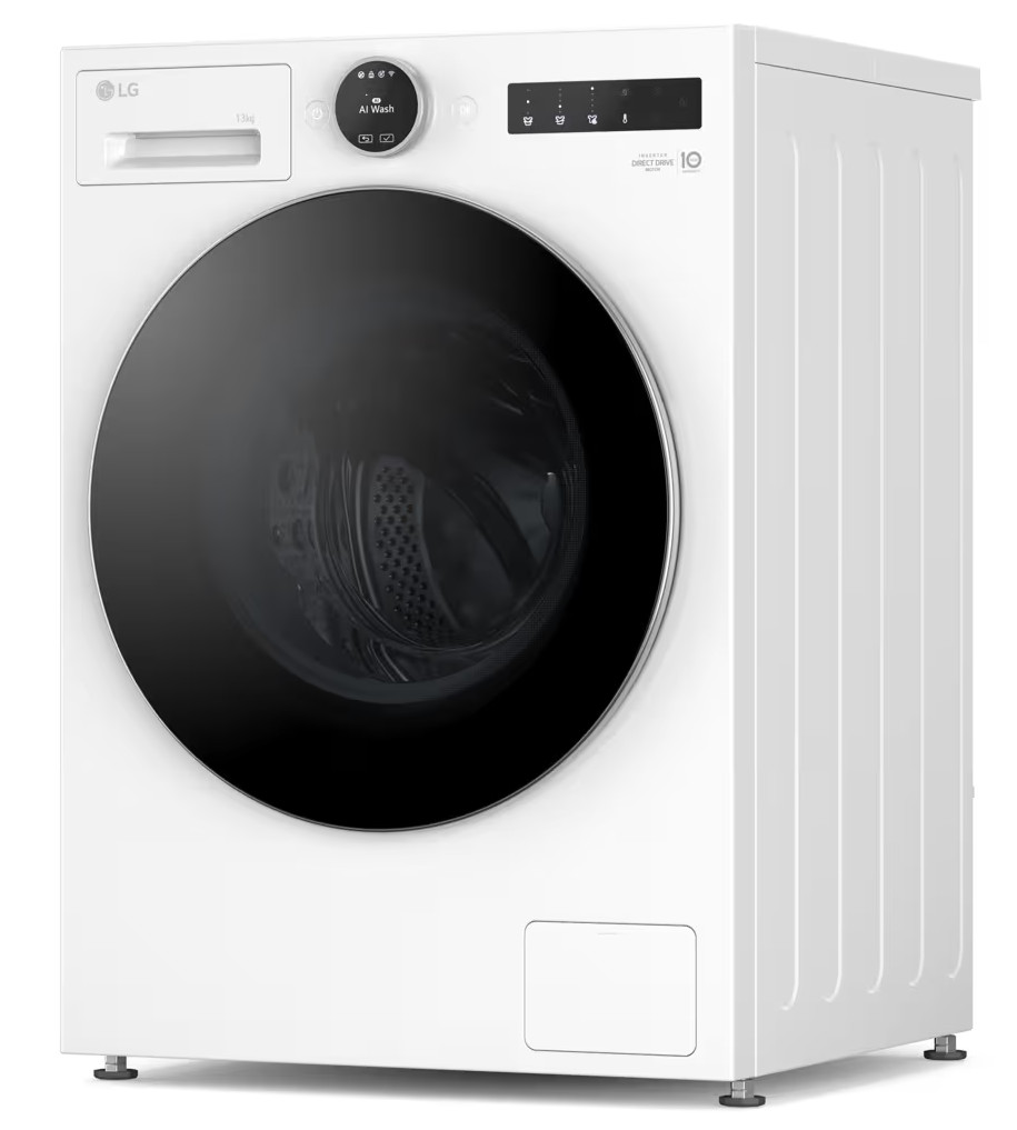 Biała pralka LG z czarnymi drzwiami, panelem sterowania i szufladą na detergent. Stoi na czterech srebrnych nóżkach.