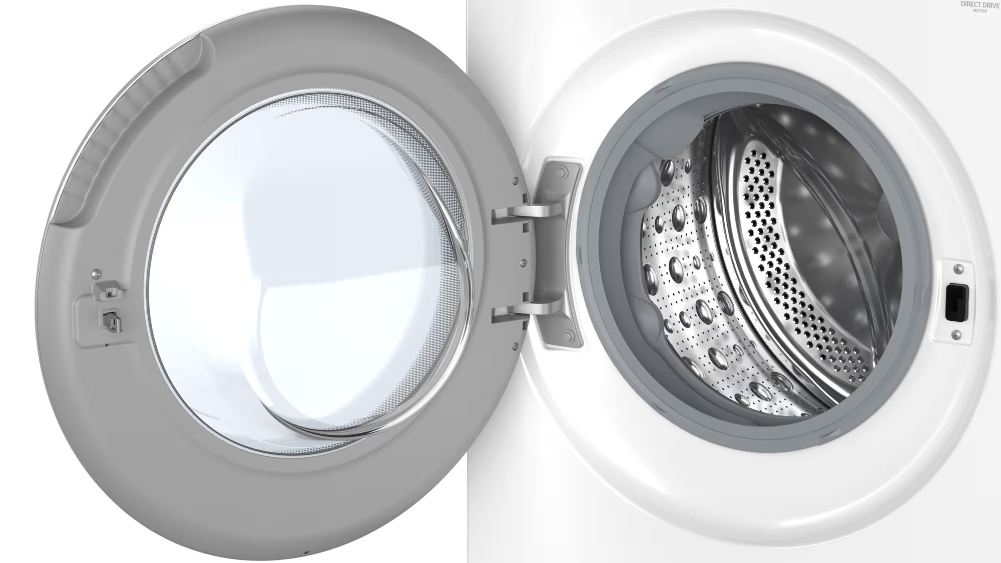 Pralka z otwartymi drzwiami. Drzwi są szare, pokazują bęben wewnętrzny. Pralka jest biała.