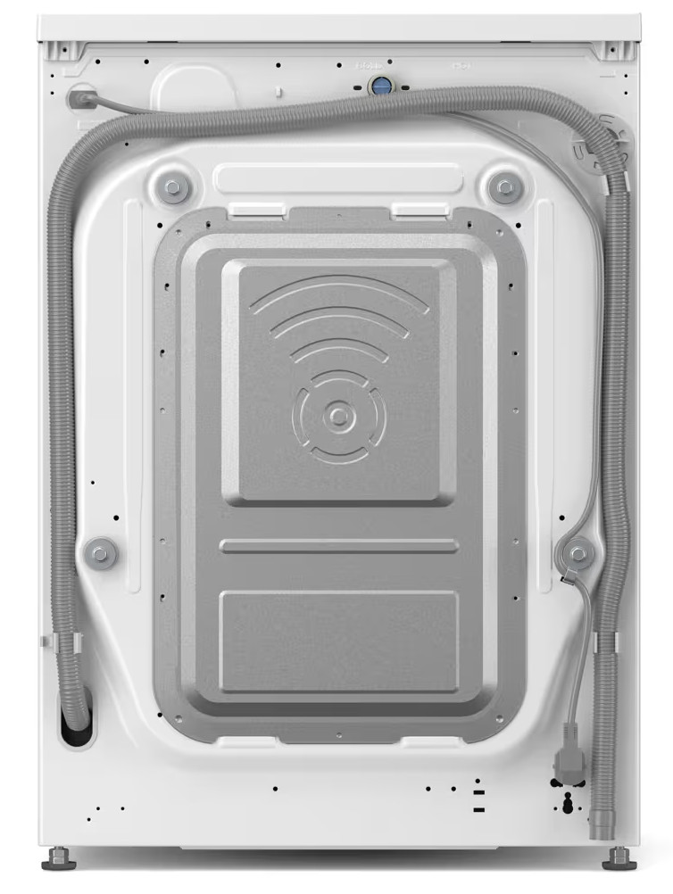 Tył białej pralki. Ma metalowy panel tylny z różnymi wężami, śrubami i przewodem zasilającym.