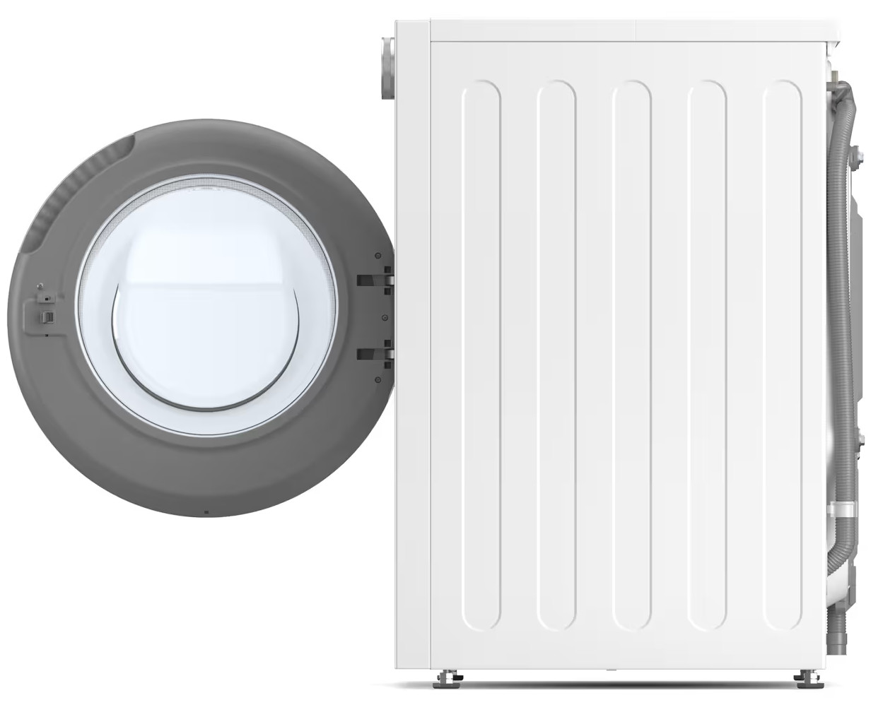 Pralka, szare drzwi po lewej, biały korpus po prawej. Przezroczysta szklana szyba znajduje się na środku drzwi.