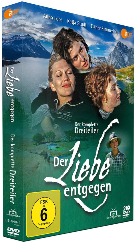 DVD-Cover mit drei Frauen, einem Mann und einer Berglandschaft. Titel: Der Liebe entgegen. Es ist eine komplette dreiteilige Serie.