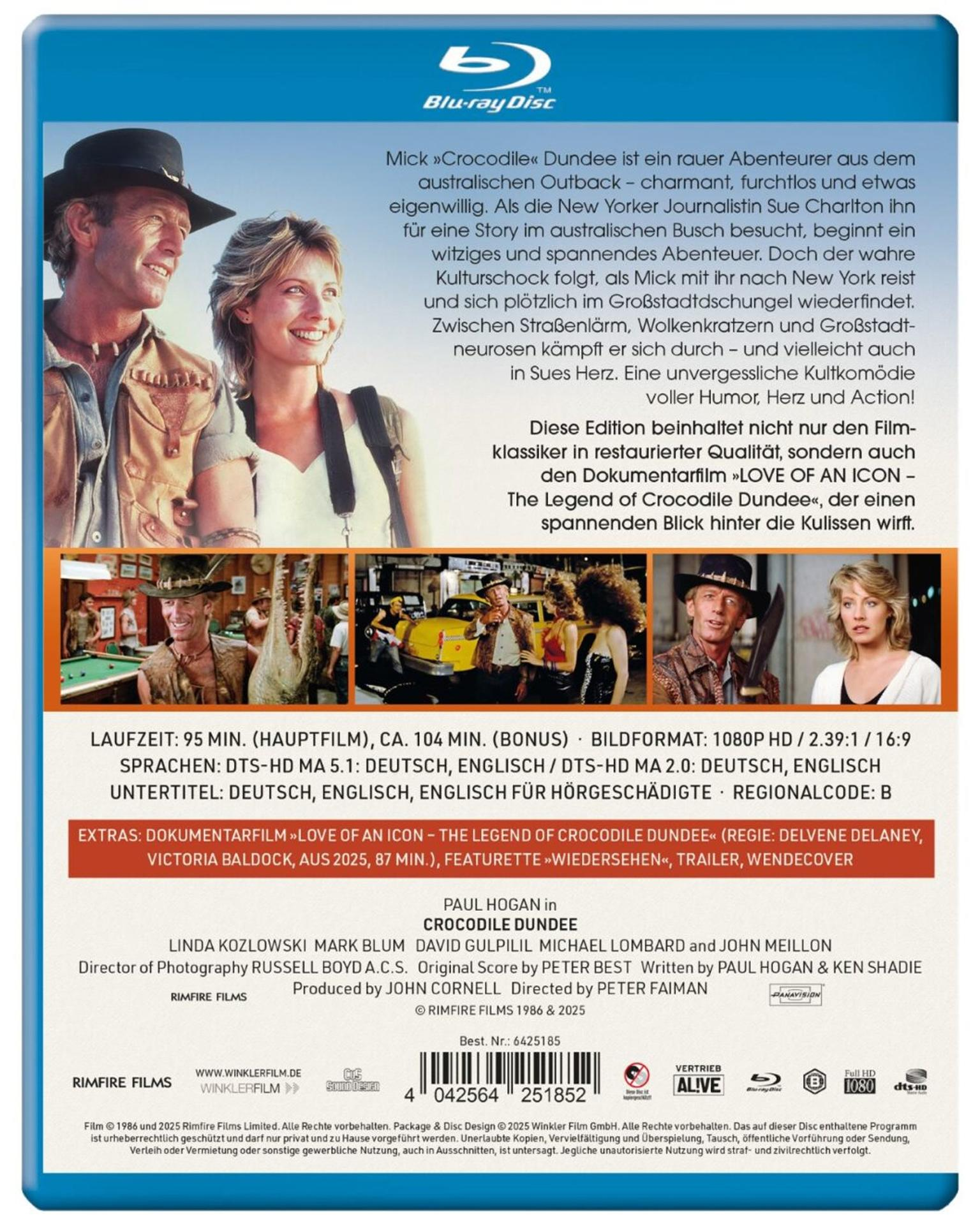 Filmcover. Mann mit Hut und lächelnde Frau. Text: Crocodile Dundee. Blu-ray-Logo.