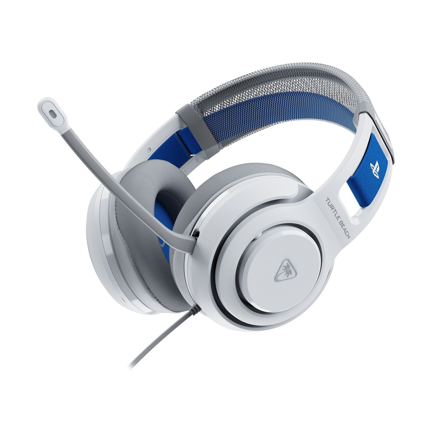 Cuffie da gioco Turtle Beach bianche e blu con microfono, su sfondo bianco. Dettagli grigi e logo Playstation visibili.