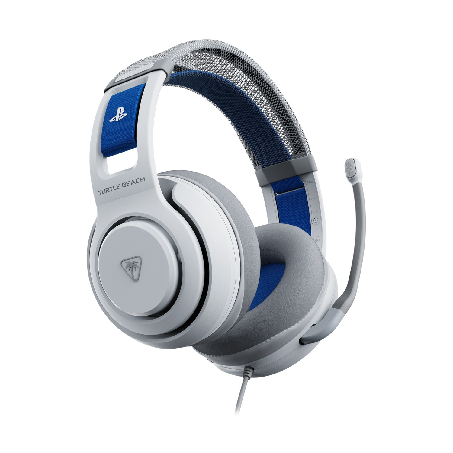 Cuffie da gioco Turtle Beach bianche e grigie con dettagli blu. Include un microfono e il logo PlayStation.