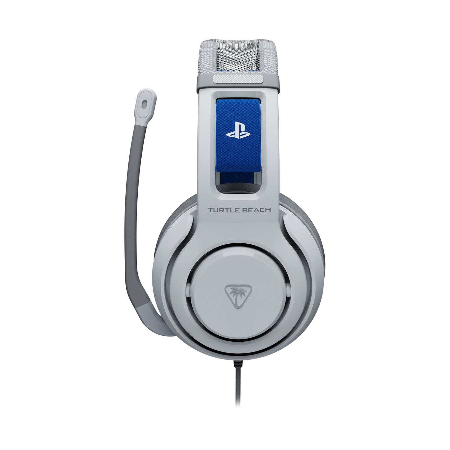 Un headset da gaming Turtle Beach grigio e blu con microfono. Presenta un logo PlayStation e un cavo.