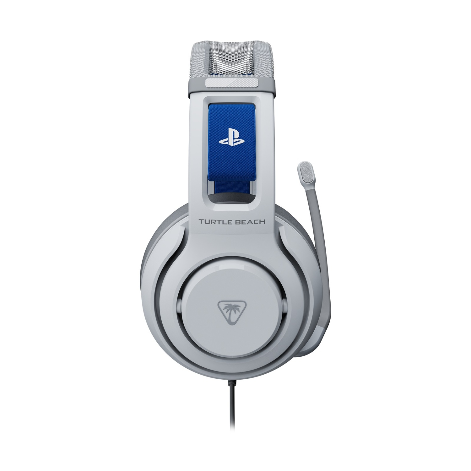 Cuffie da gioco Turtle Beach bianche e grigie. Include un microfono e una fascia blu con il logo PlayStation.
