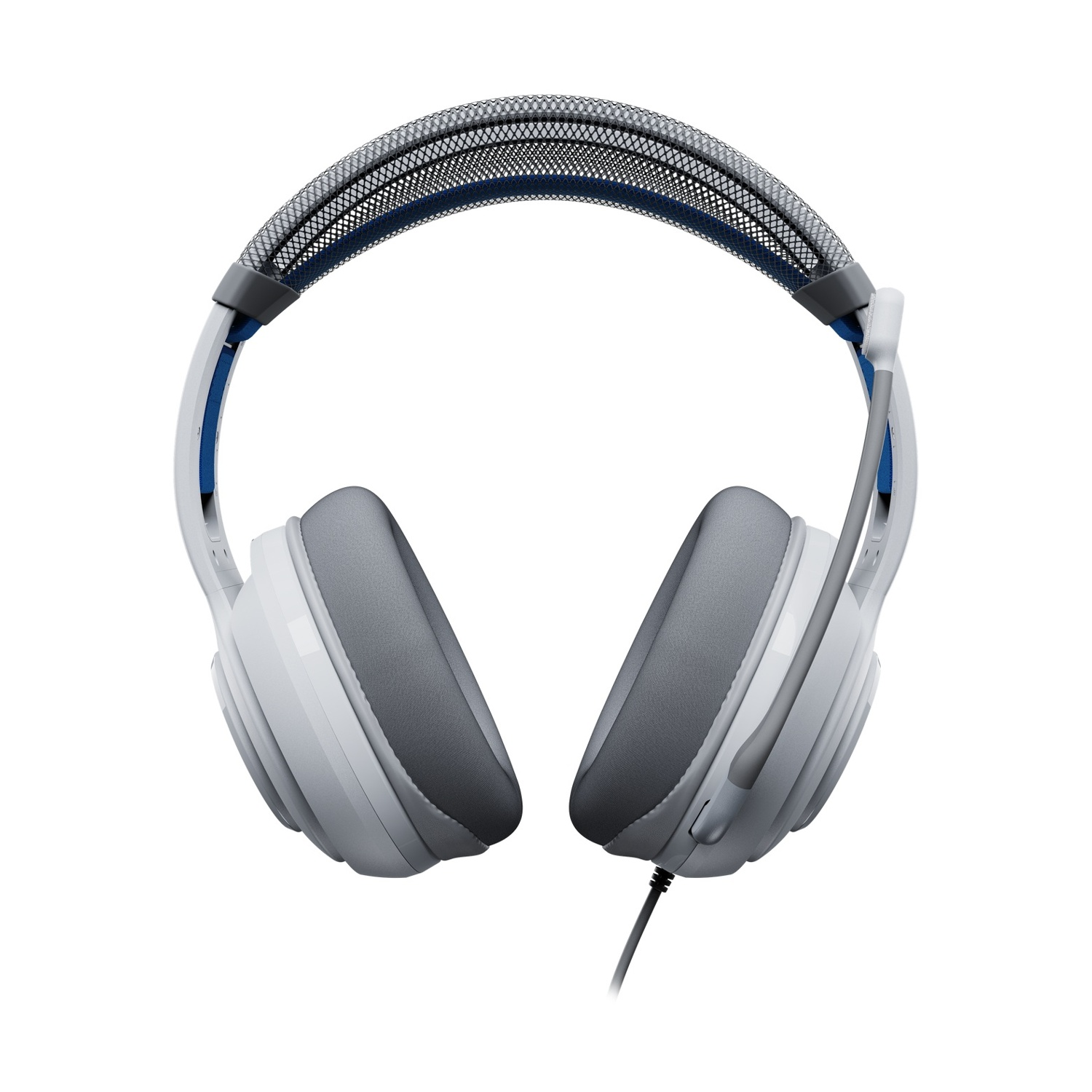 Cuffie da gioco bianche, grigie e blu. L'archetto è in rete, i padiglioni sono grigi e bianchi. Un cavo nero si estende dall'auricolare sinistro.