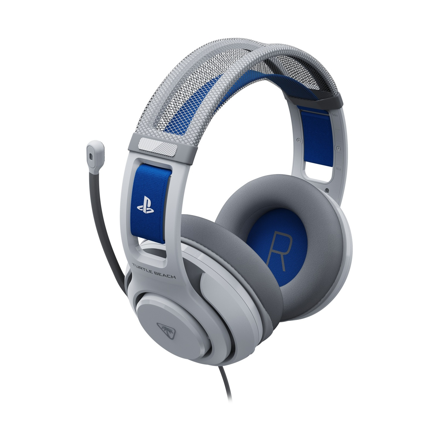 Un headset da gioco Turtle Beach bianco e blu con microfono, padiglioni grigi e logo PlayStation sulla fascia.