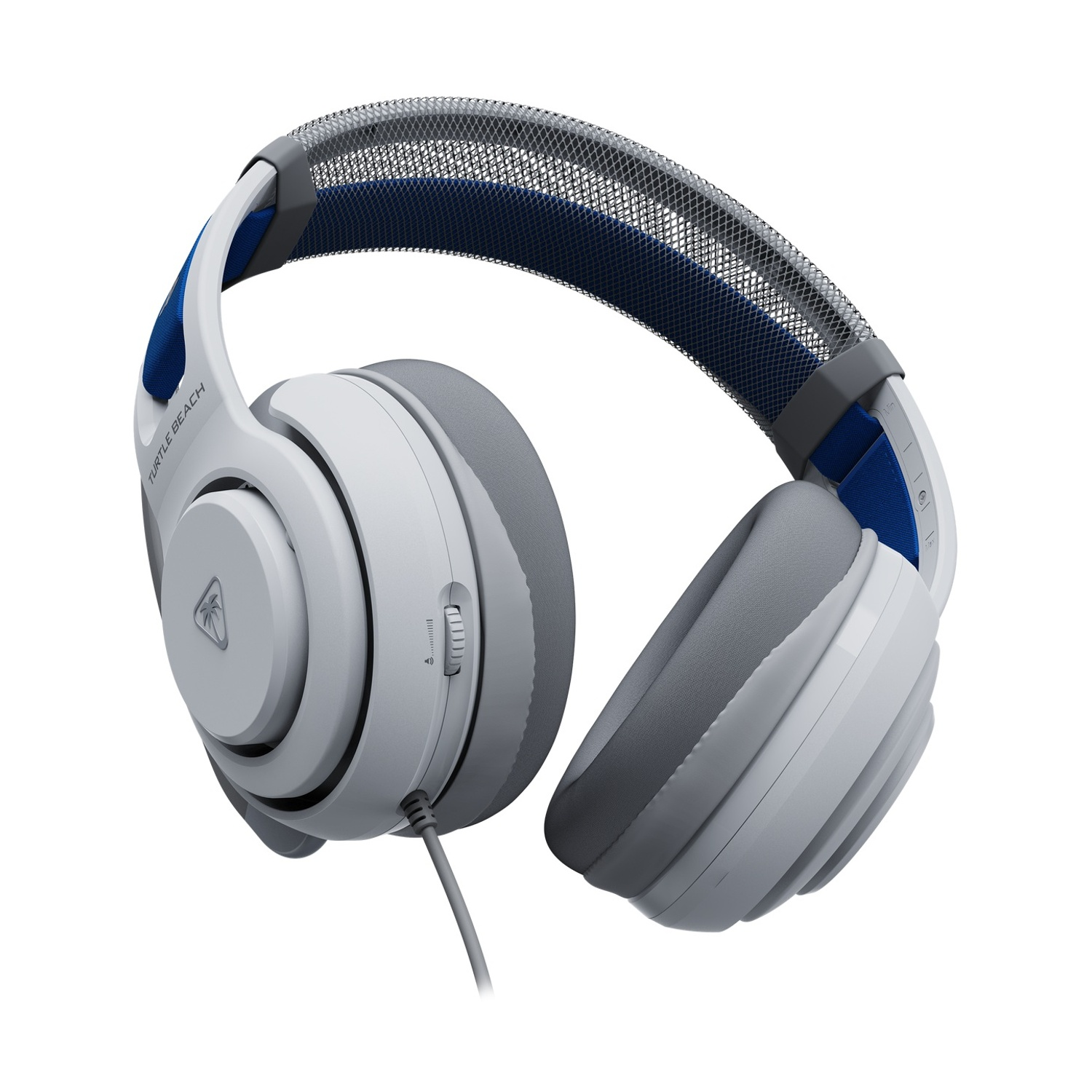 Cuffie Turtle Beach bianche e grigie. Presentano una fascia blu, padiglioni grigi e un controllo del volume. È collegato un cavo grigio.