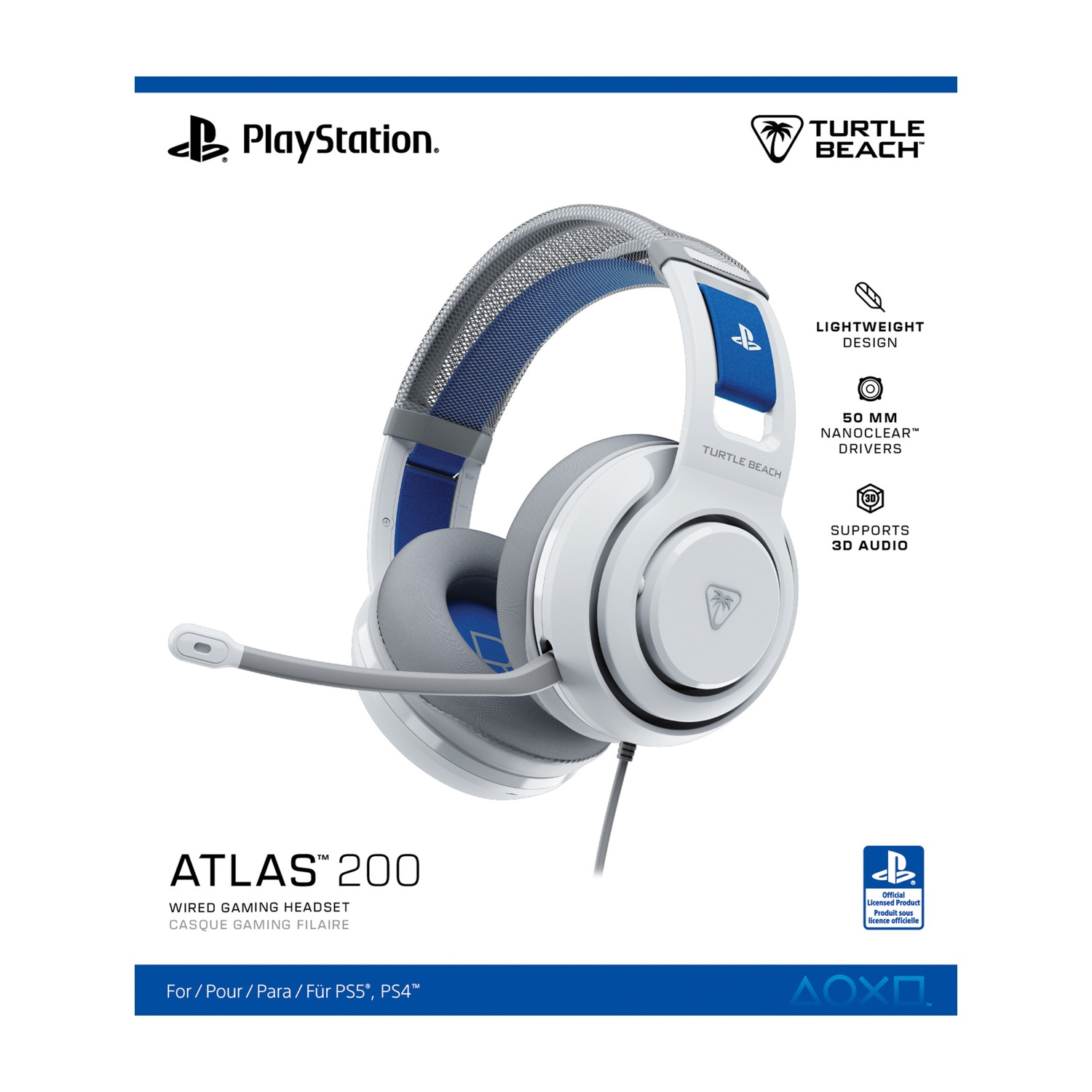 Cuffie da gioco bianche e blu con microfono. Le cuffie sono etichettate 'ATLAS 200' e 'PlayStation' è visibile.