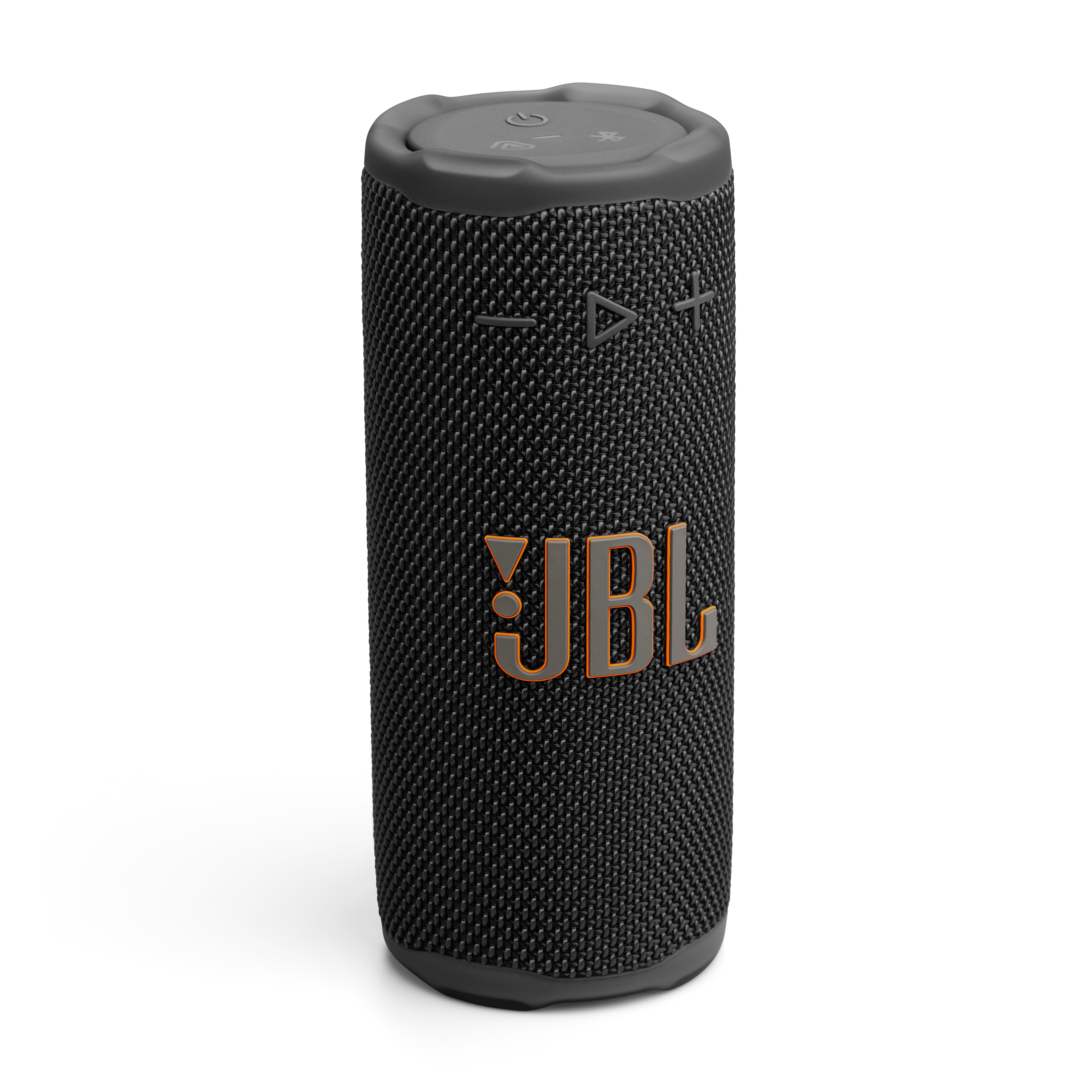 Ein schwarzer JBL-Lautsprecher mit orangefarbenen Akzenten. Er ist zylindrisch und hat Bedienelemente oben.