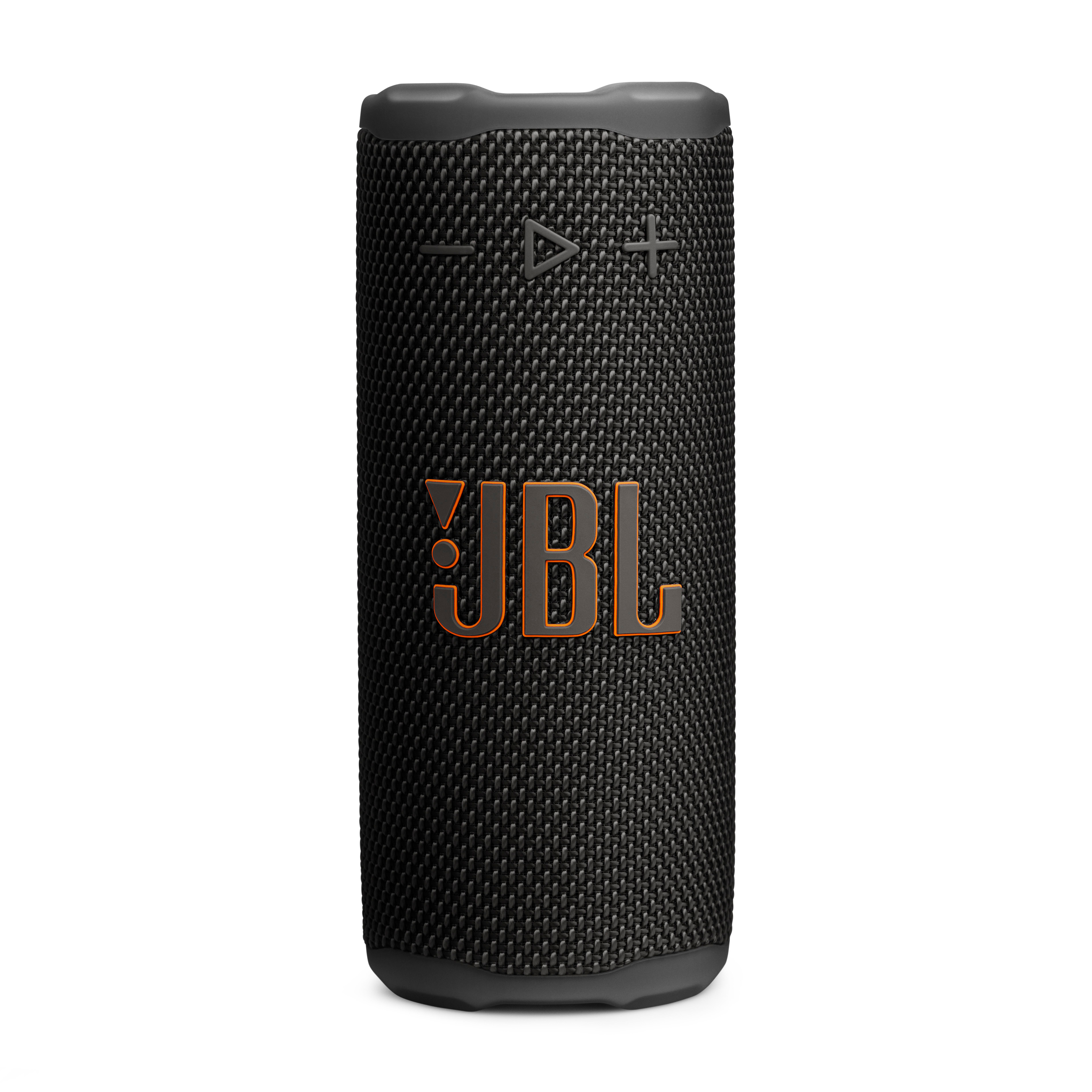 Ein schwarzer JBL-Lautsprecher steht vertikal. Er hat ein oranges JBL-Logo und Bedienelemente. Der Lautsprecher steht auf weißem Hintergrund.