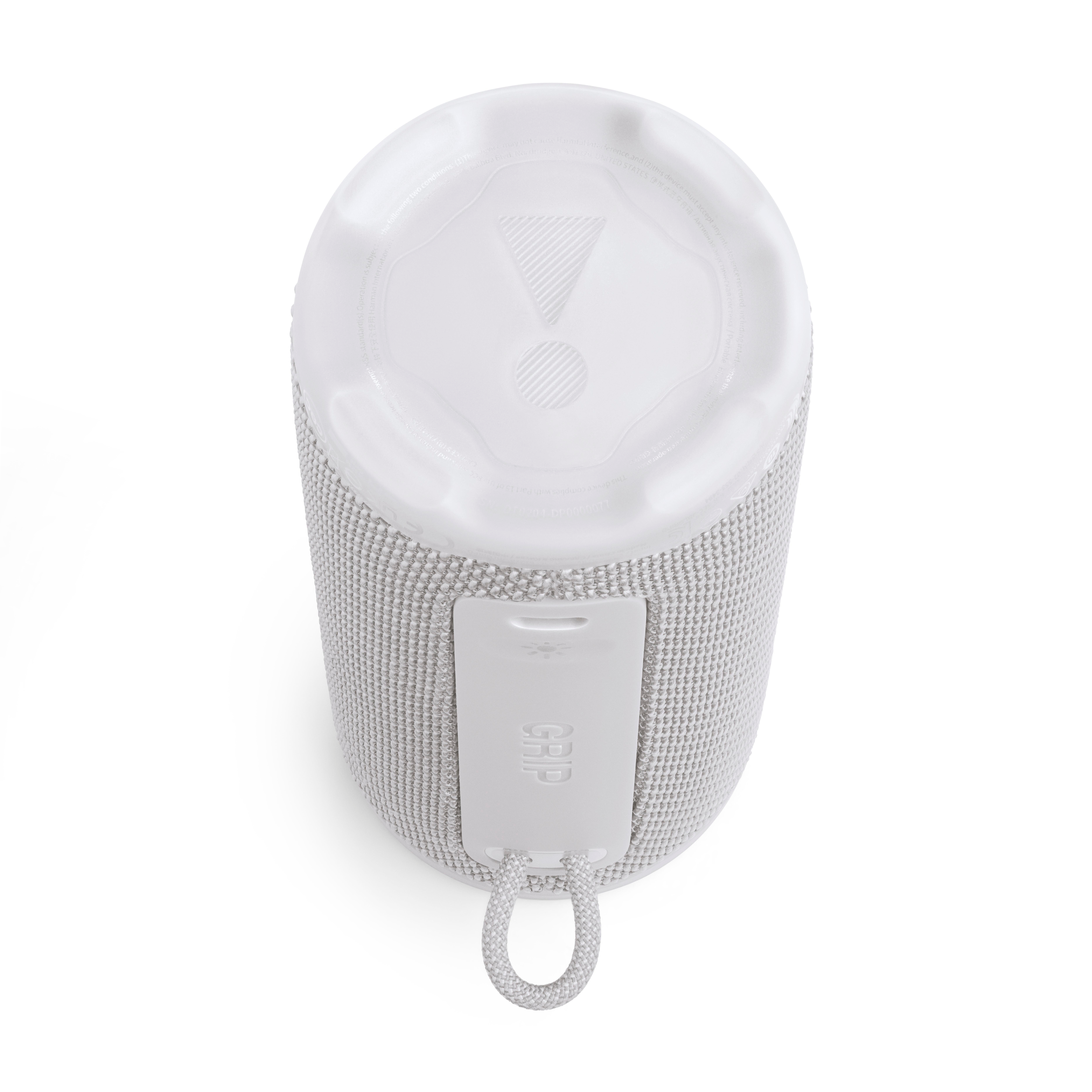 Ein weißer JBL-Lautsprecher mit strukturiertem Stoff und Griff. Er hat eine transparente Oberseite mit Logo auf weißem Hintergrund.