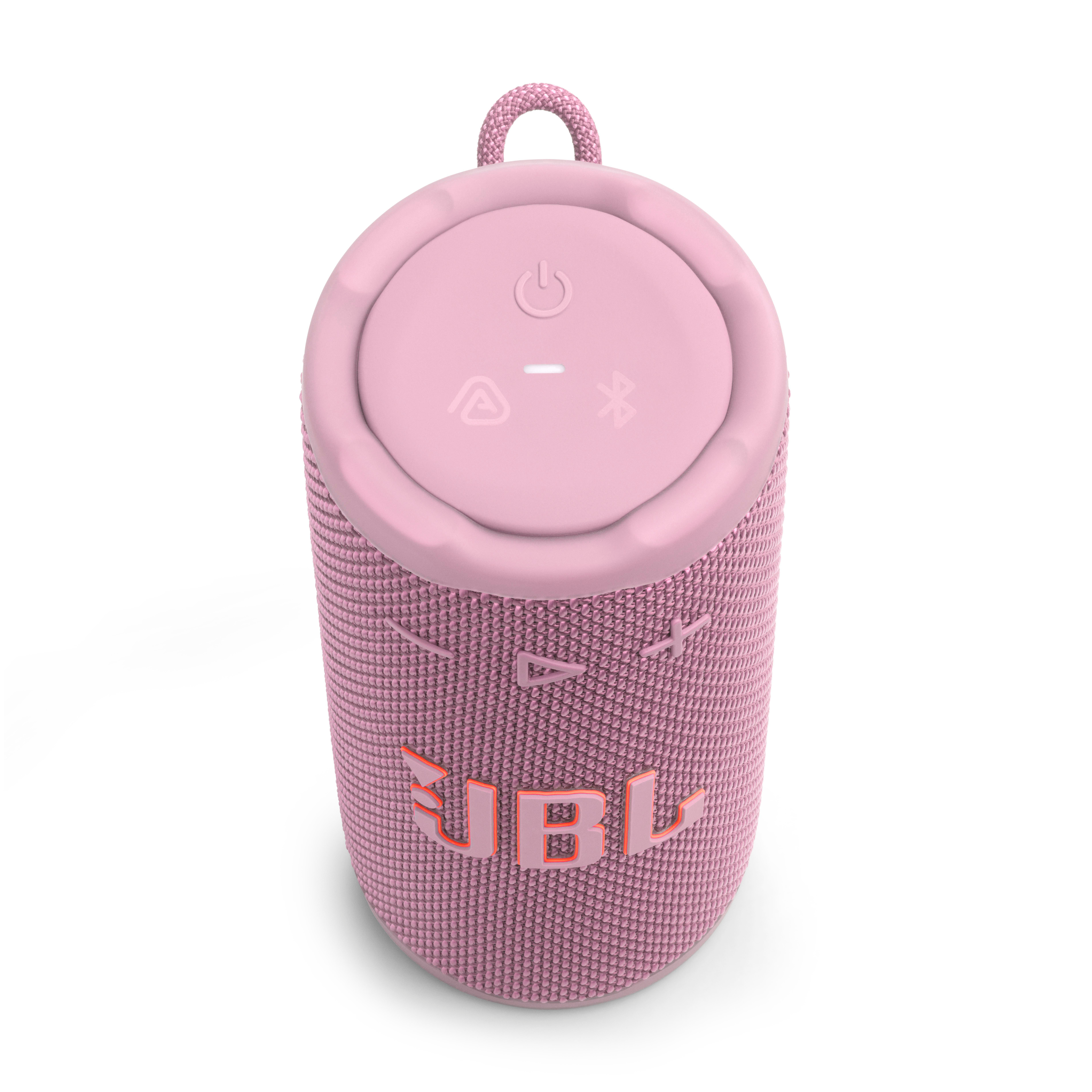 Rosa JBL-Lautsprecher mit Schlaufe oben. Es hat das JBL-Logo und Steuertasten. Der Hintergrund ist weiß.