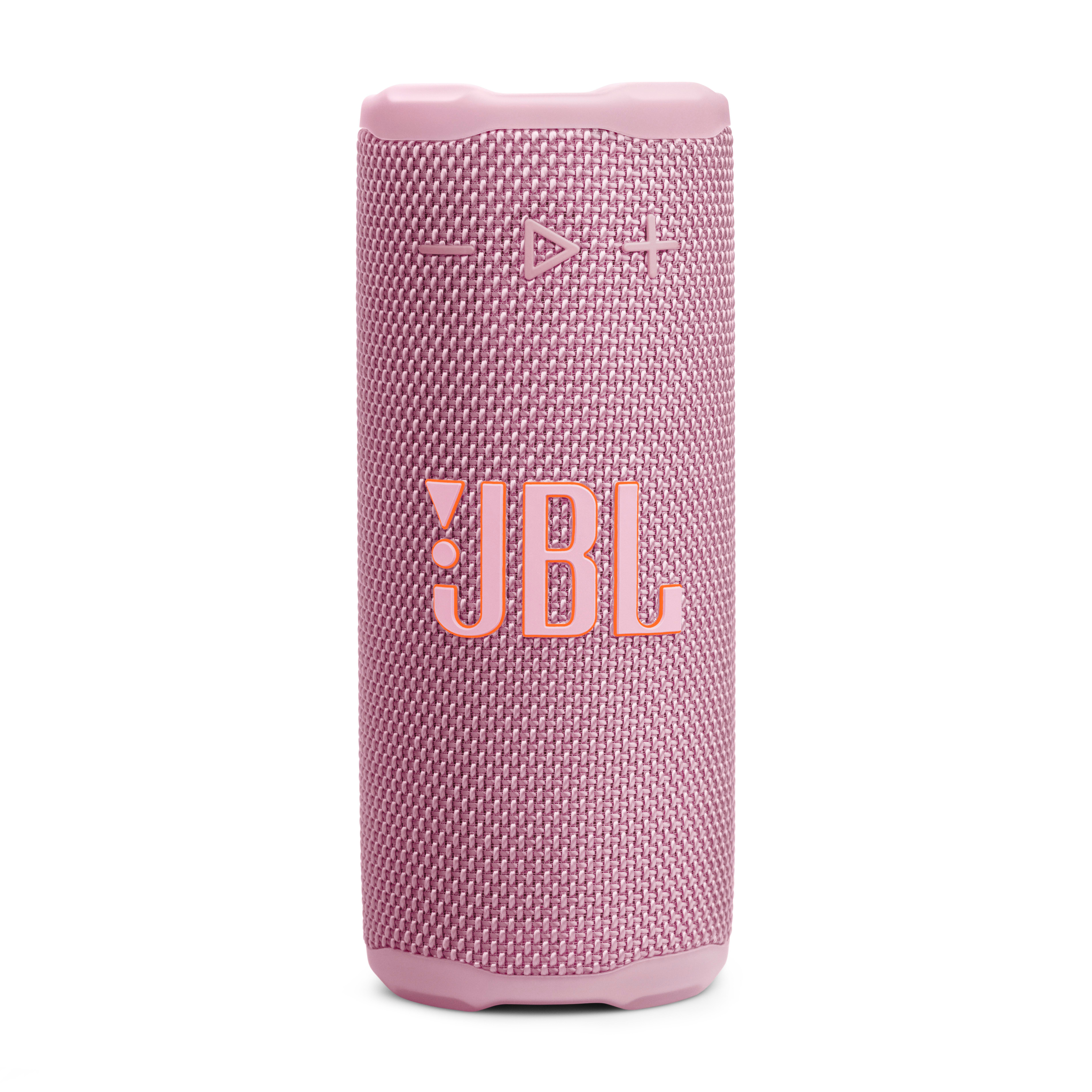 Ein rosa JBL-Lautsprecher. Er ist zylindrisch und hat oben Bedientasten. Das Logo ist orange.