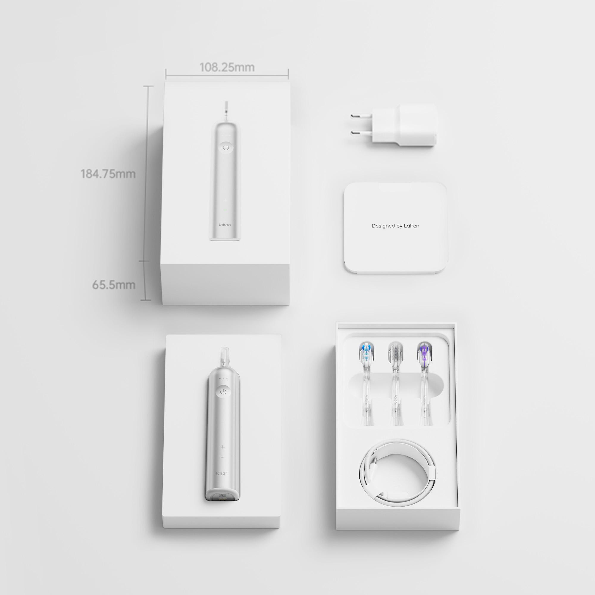 Produktpräsentation eines weißen elektrischen Zahnbürstensets. Enthält Zahnbürste, Ladegerät, Bürstenköpfe und Ladestation.