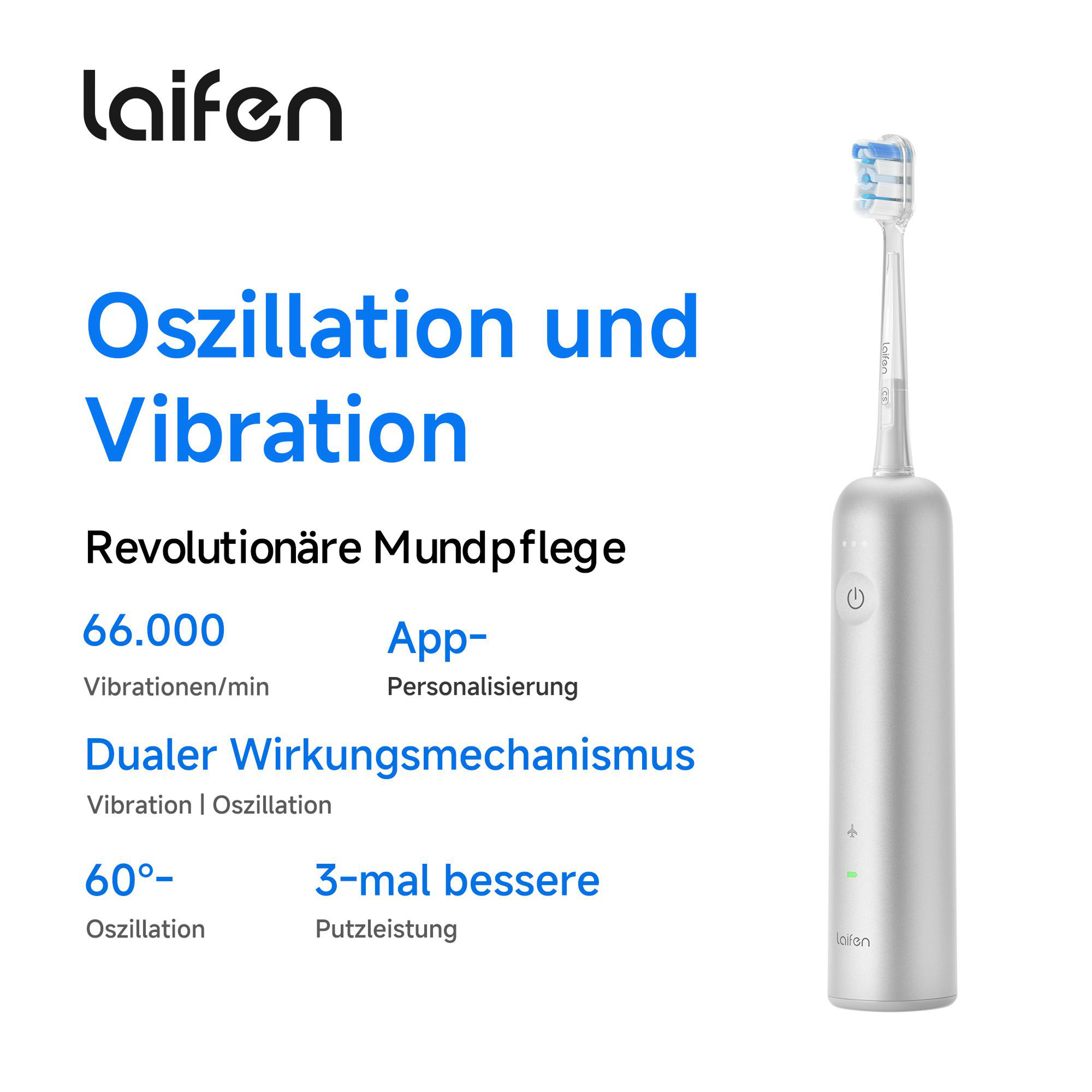 LAIFEN Wave Zahnbürste Original Aluminium, Reinigungstechnologie:  Oszillierend / Rotierend (2D)