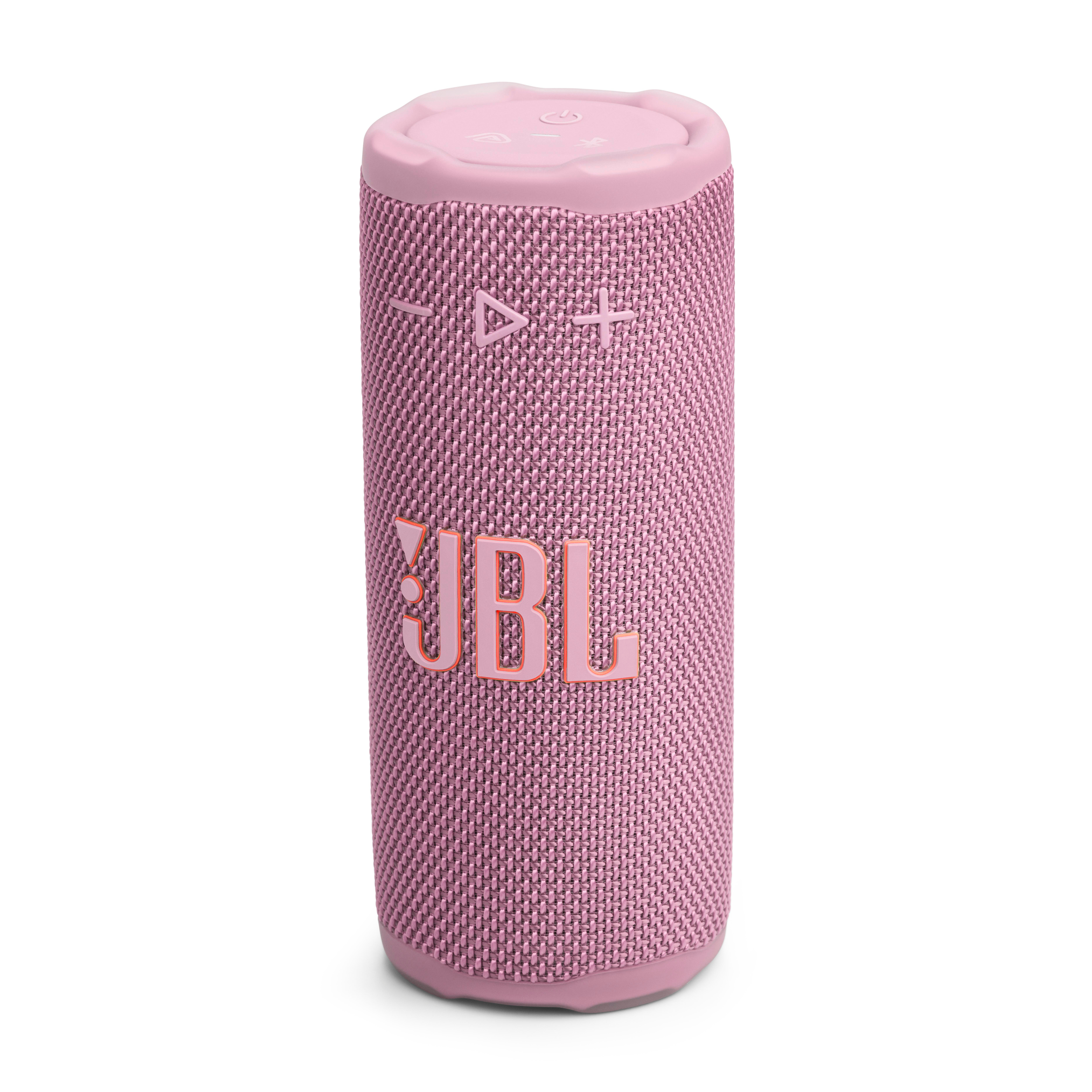 Rosa JBL-Lautsprecher auf weißem Hintergrund. Mit Lautstärkereglern und JBL-Logo. Zylindrische Form mit Netzstruktur.