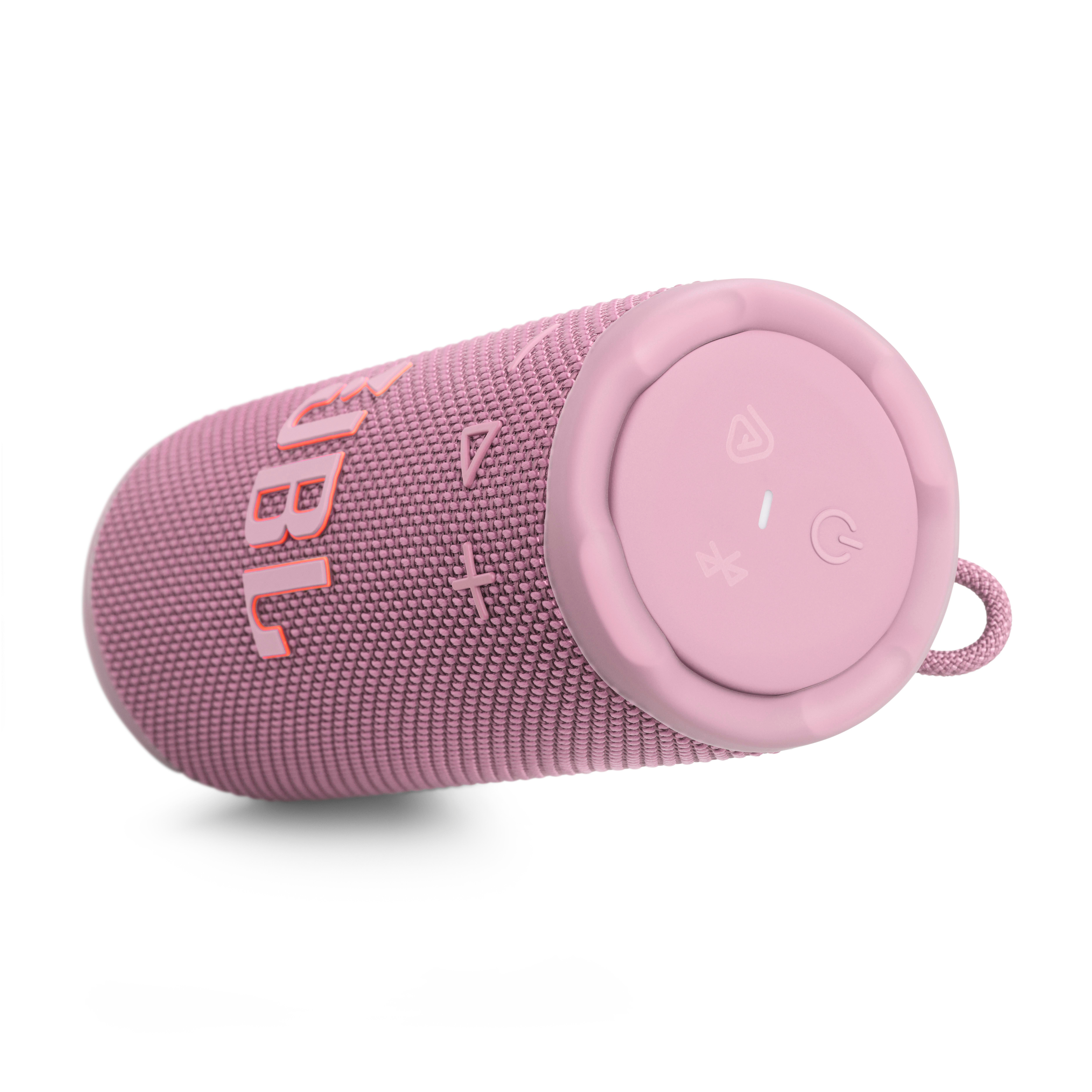 Rosa JBL-Lautsprecher auf weißem Grund. Es hat Knöpfe, Logos und ein Stoffdesign.