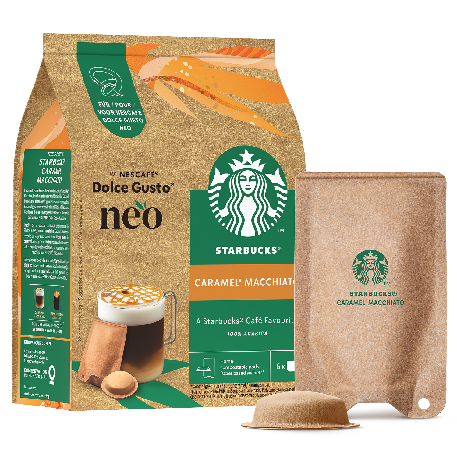 Een Starbucks Caramel Macchiato koffiepakket met een kopje, pads en zakjes. Op de verpakking staat 'Caramel Macchiato'.