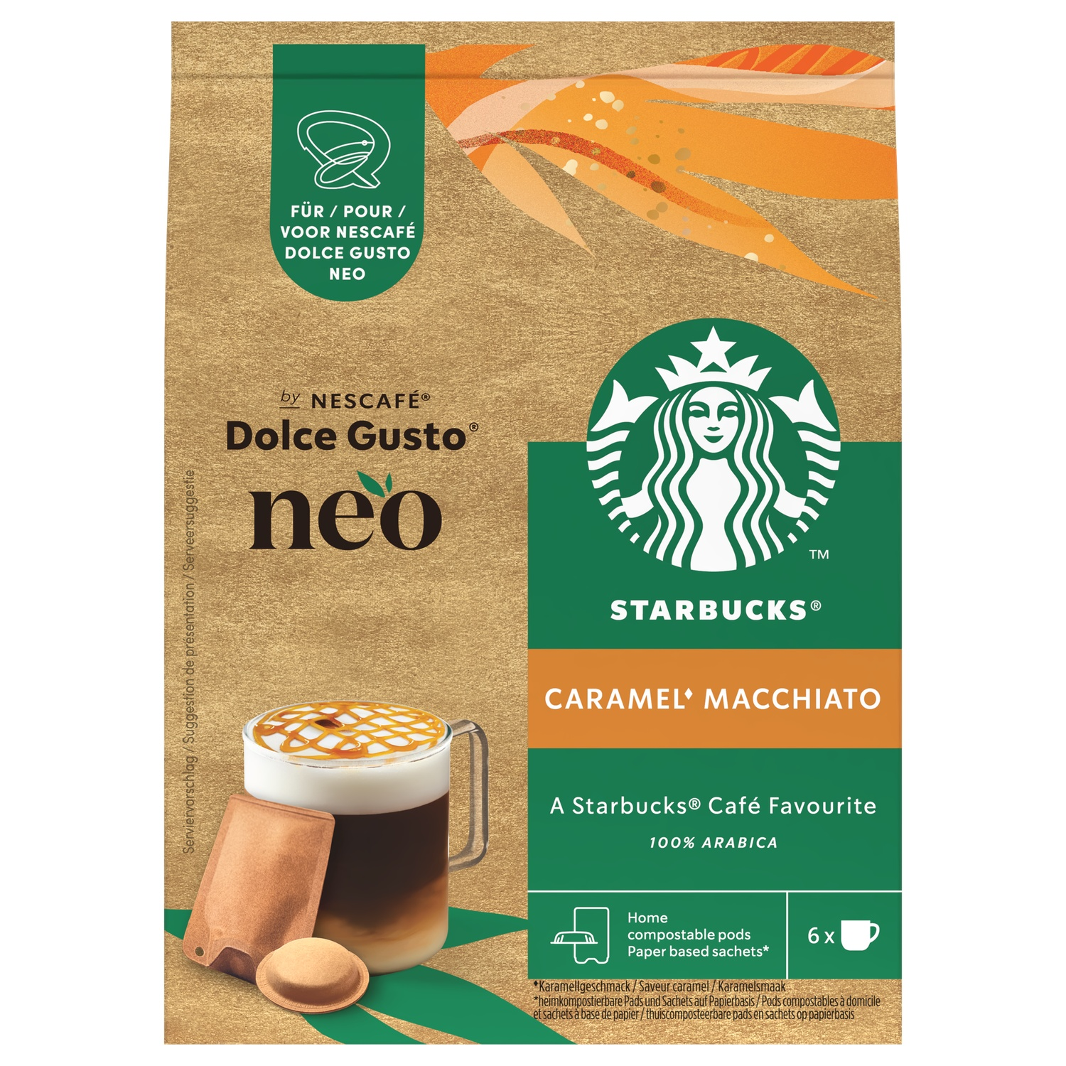Een koffiepadsverpakking met Starbucks-logo, Caramel Macchiato en een afbeelding van een koffiekopje. Het bevat ook een koffiekopje met karamel.