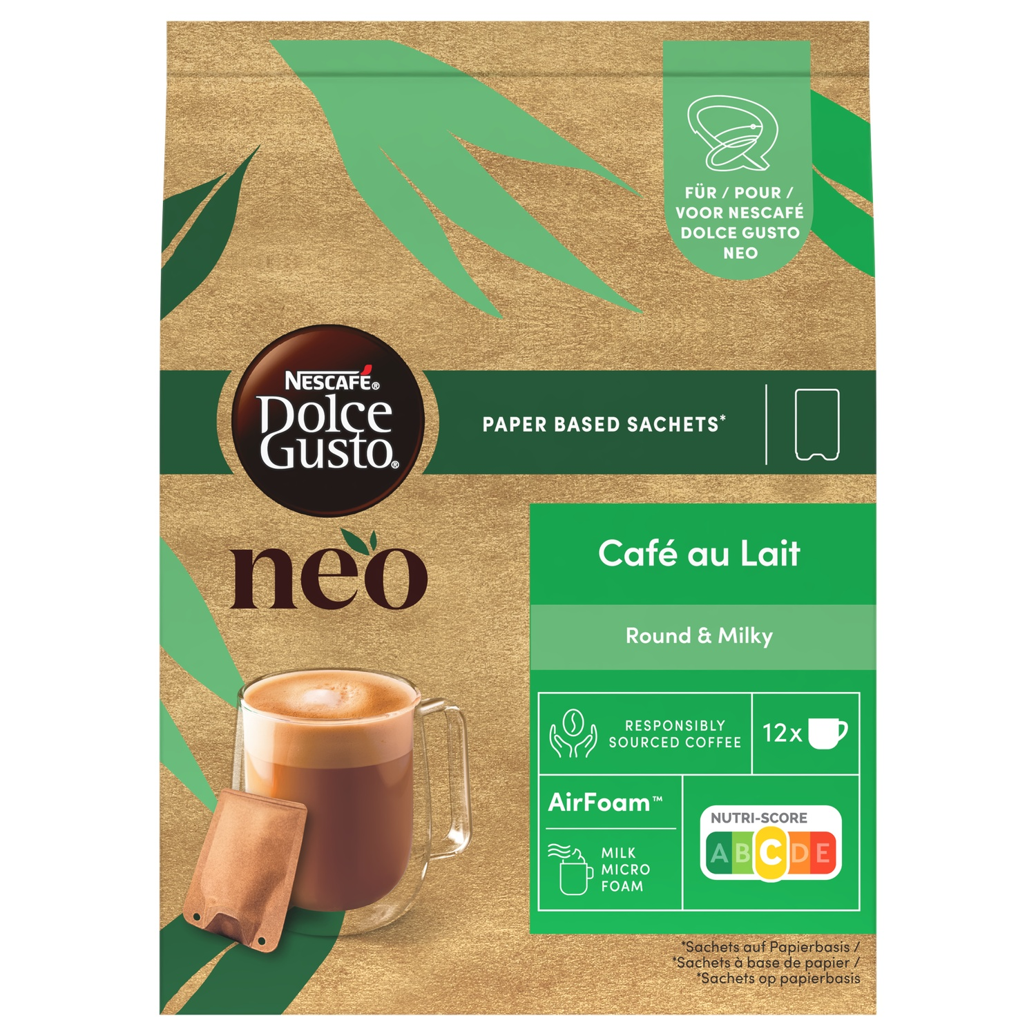 A Nescafe Dolce Gusto Neo product. It shows a cup of coffee, a sachet, and details about the product, including 'Café au Lait'.