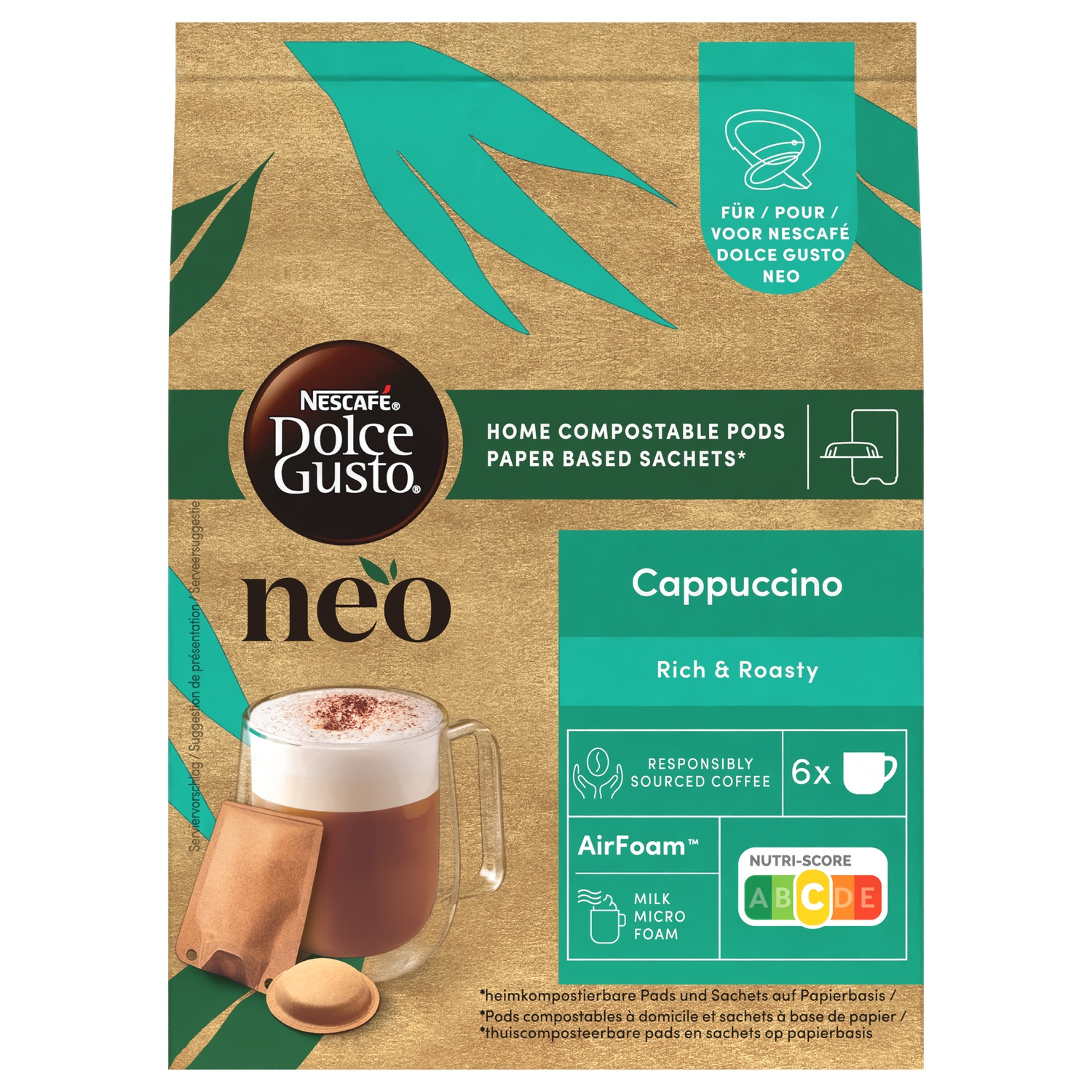 A coffee package with a cappuccino image, showing a cup with foam and a coffee pod. It has a green and gold background.