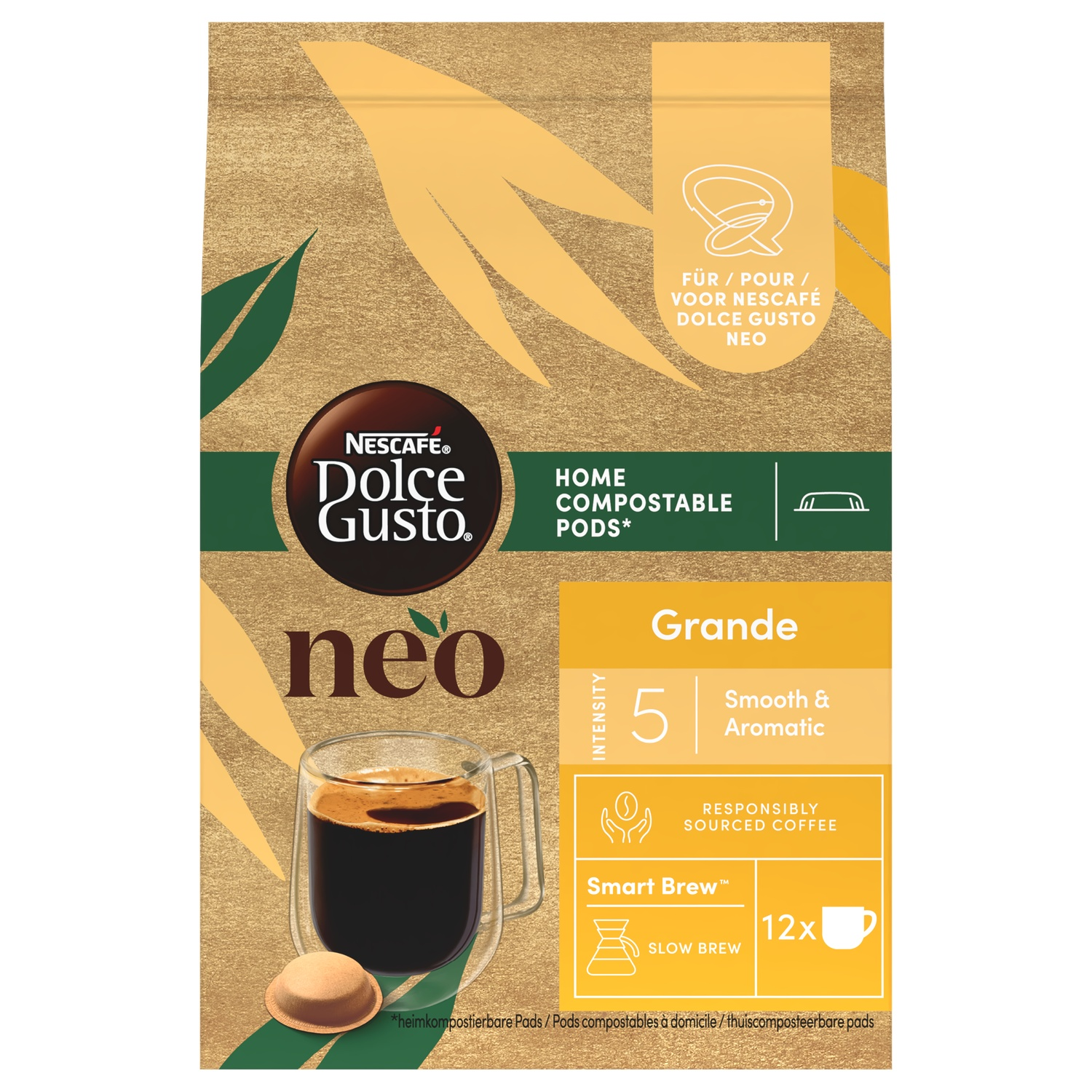 Coffee package with coffee cup and pod. Text includes Dolce Gusto Neo, Grande, and intensity level 5. Label says 'Smooth & Aromatic'.