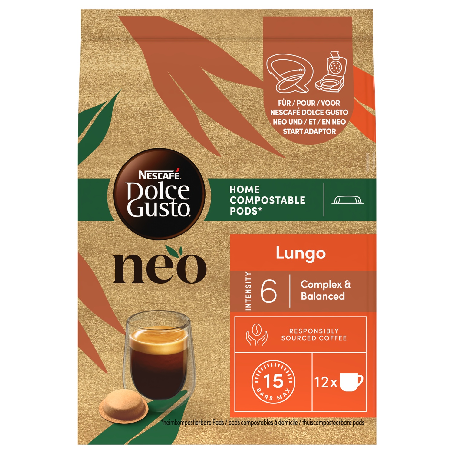 Nescafe Dolce Gusto Neo koffiecupverpakking. Toont een koffiekopje, intensiteit 6, tekst 'Lungo' en andere details.