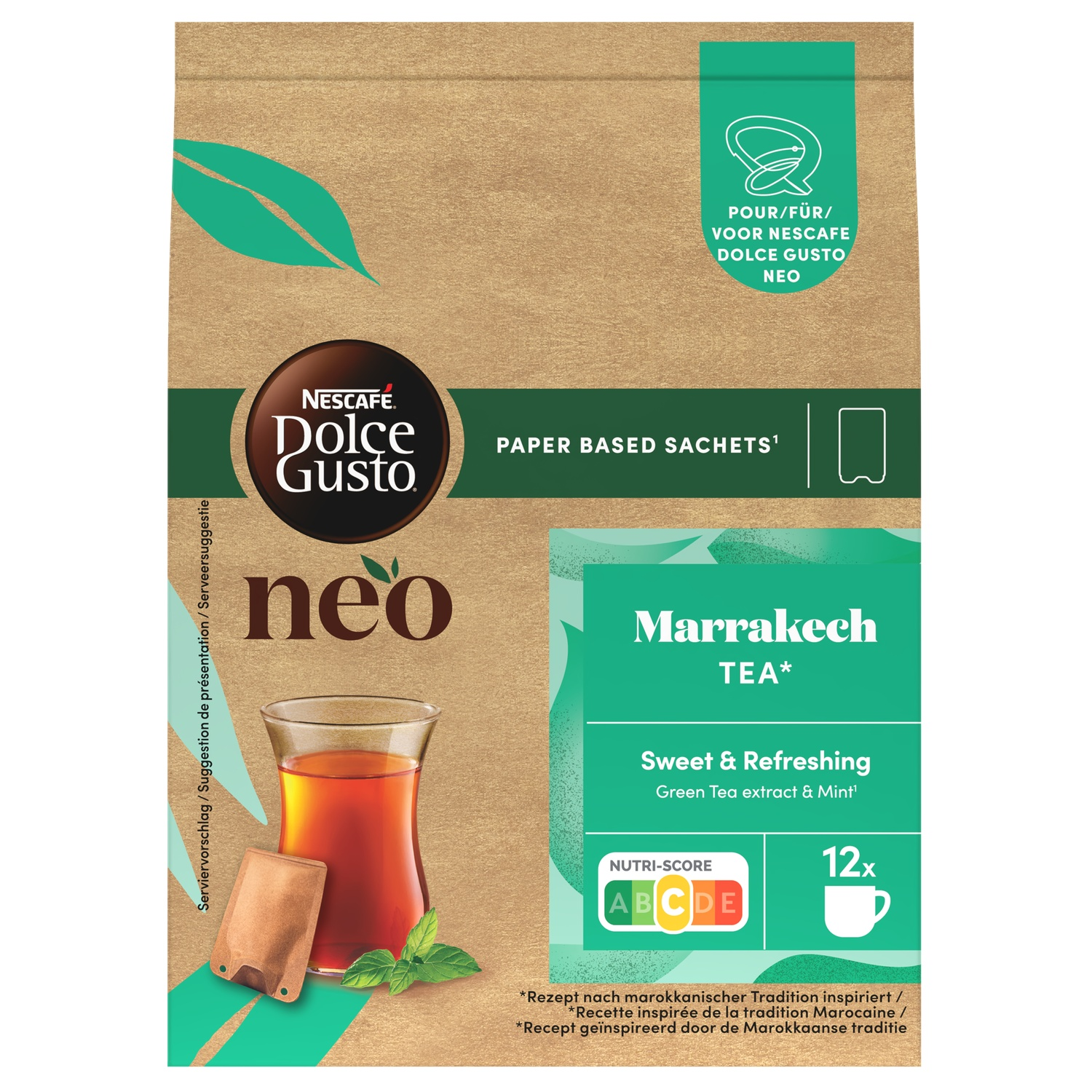 A Nescafe Dolce Gusto Neo box. It has a tea glass with tea, a tea bag, and mint leaves. The box says 'Marrakech Tea'.