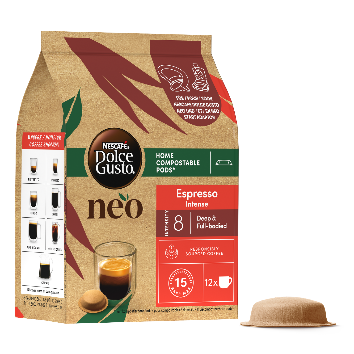 Een koffiepodverpakking met een kopje espresso en een koffiepod ernaast. Het merk is Nescafe Dolce Gusto Neo.
