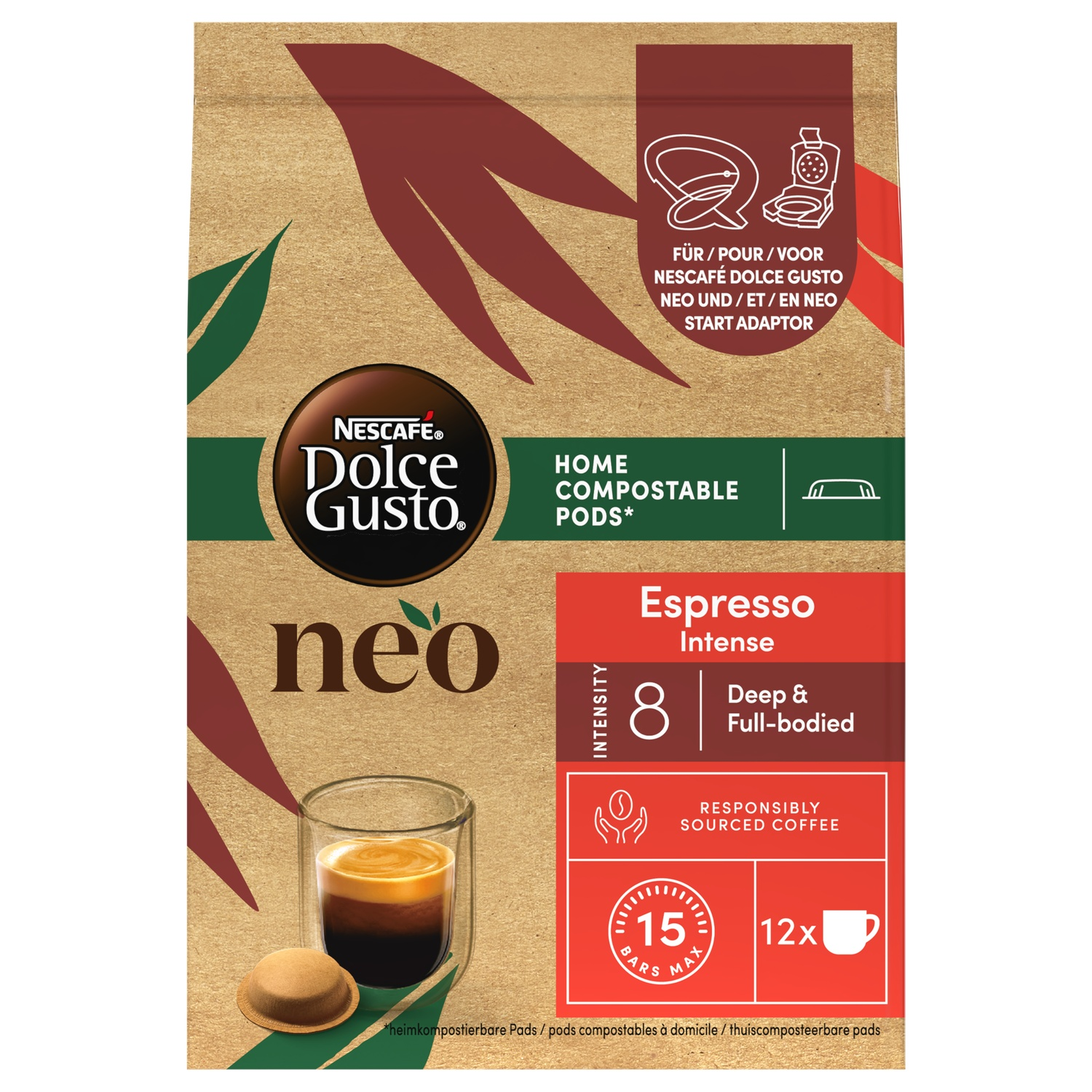 Nescafe Dolce Gusto Neo koffieverpakking. Toont een espresso in een glas, met een koffiepad. Tekst: 'Intense' en 'Home Compostable'.