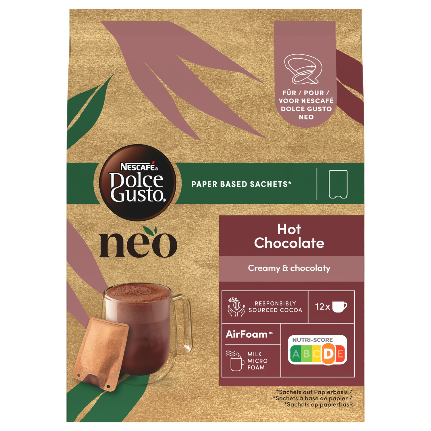 Emballage de chocolat chaud Nescafe Dolce Gusto Neo. Comprend une tasse de chocolat chaud, un sachet et des informations nutritionnelles.