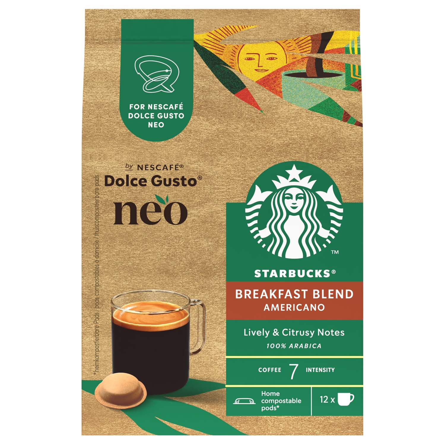Emballage de café avec une tasse, une capsule et la marque Starbucks. Le texte comprend 'Breakfast Blend Americano' et '100% Arabica'.